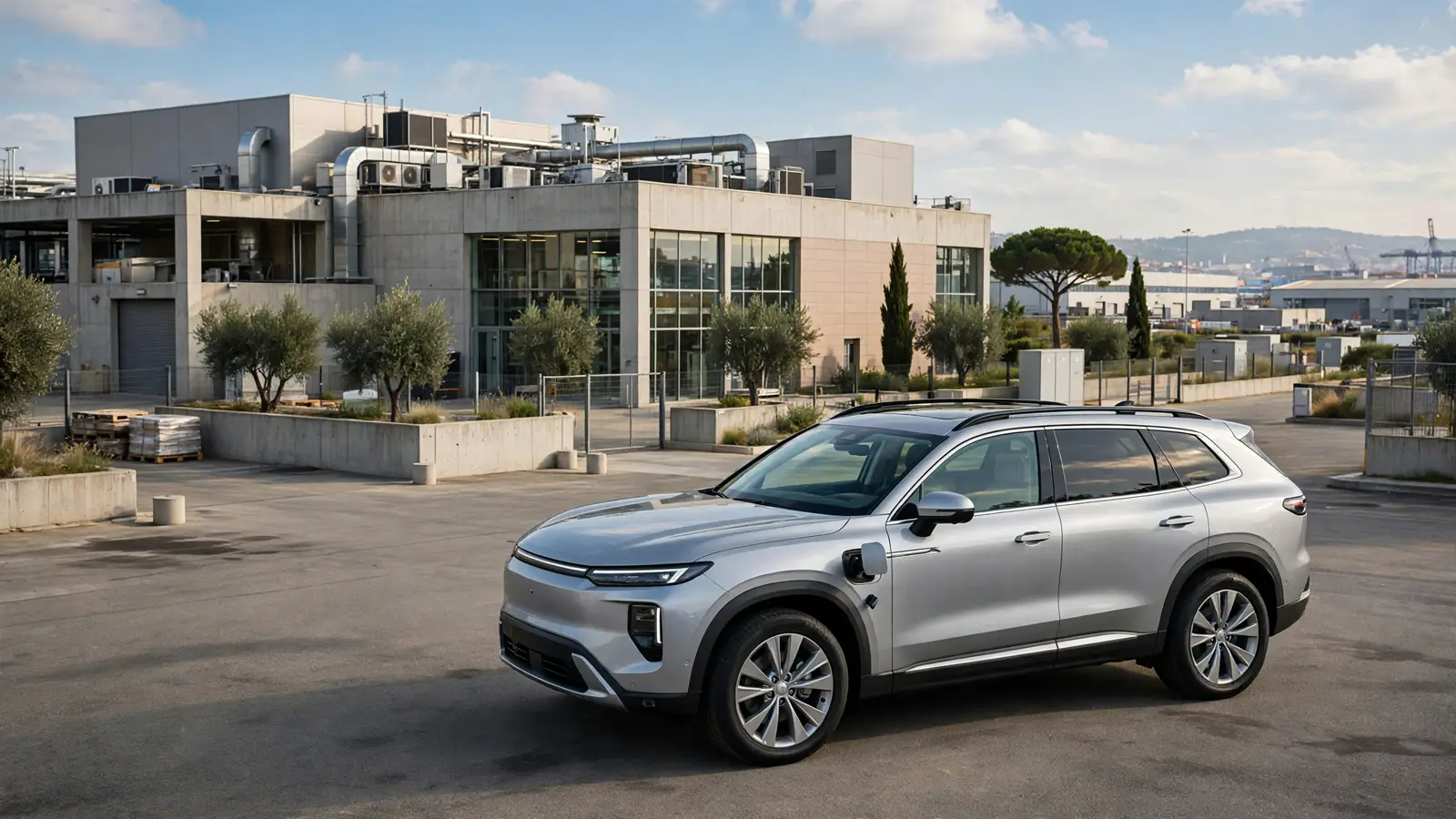 Gran SUV híbrido enchufable de 7 plazas color plata aparcado frente a una nave industrial moderna en Barcelona
