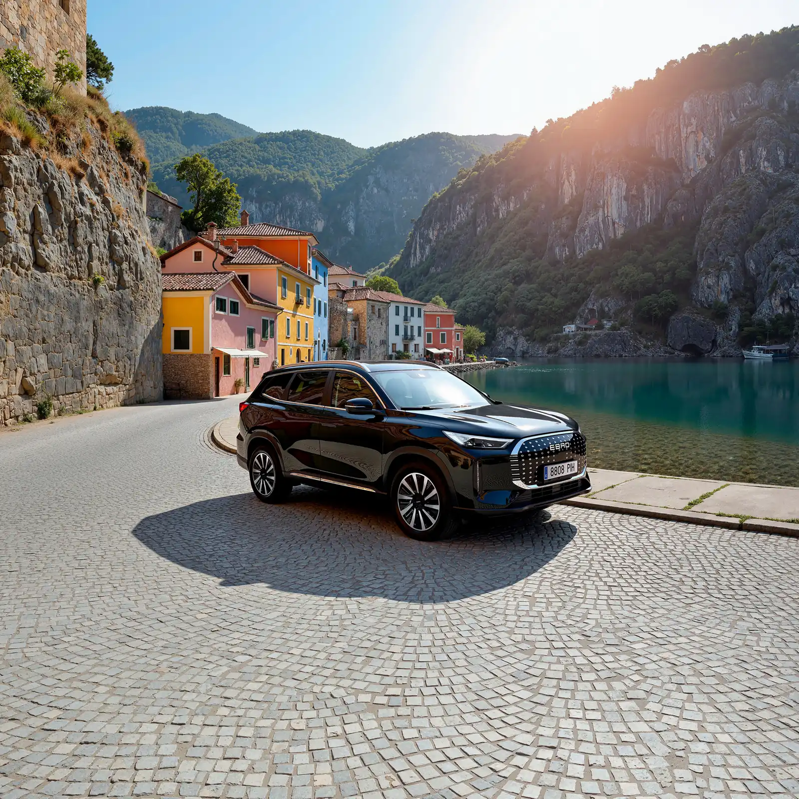 Ebro s800 PHEV negro en pueblo de montaña