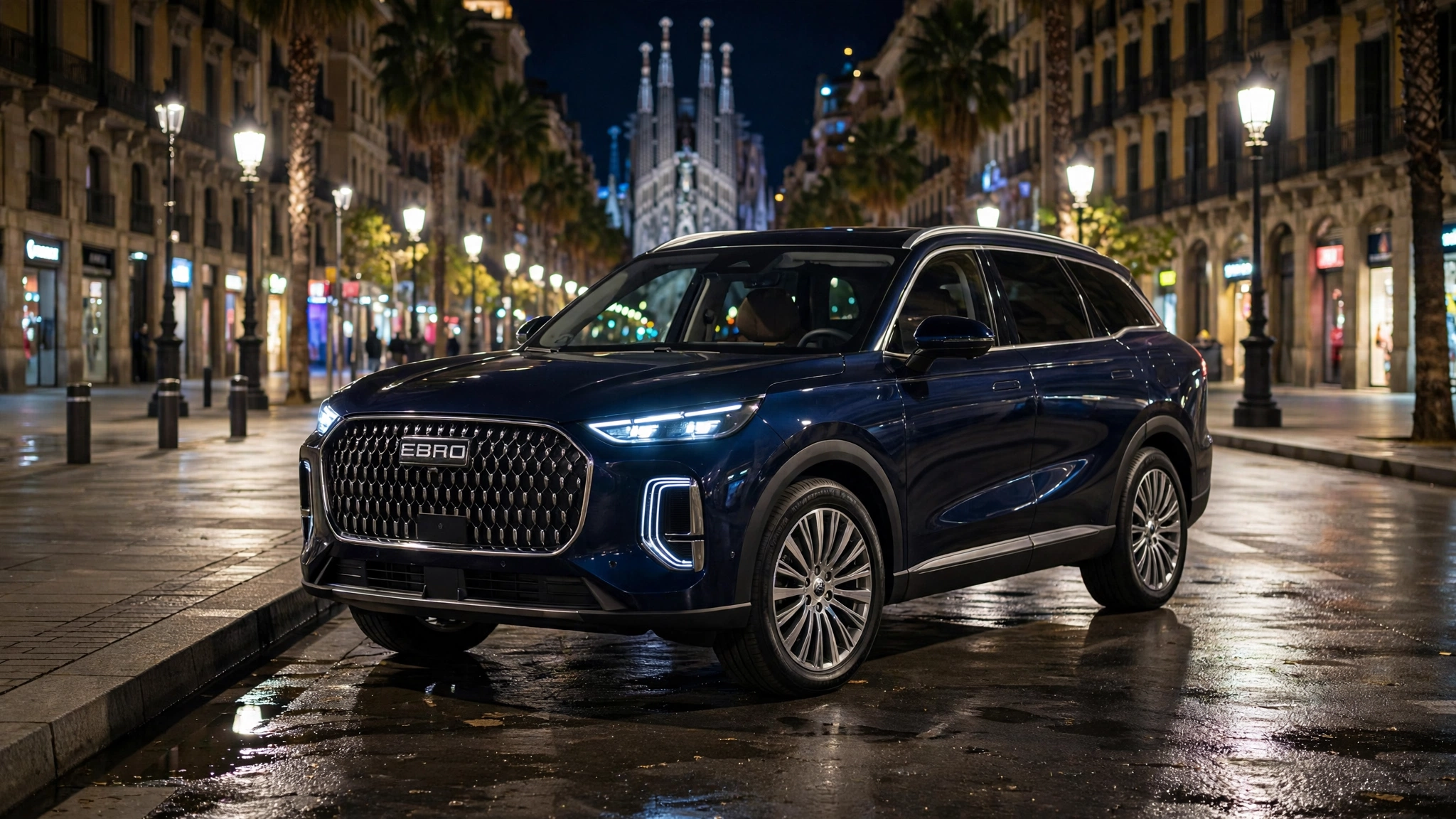 Ebro S900 PHEV azul de noche en una avenida de Barcelona