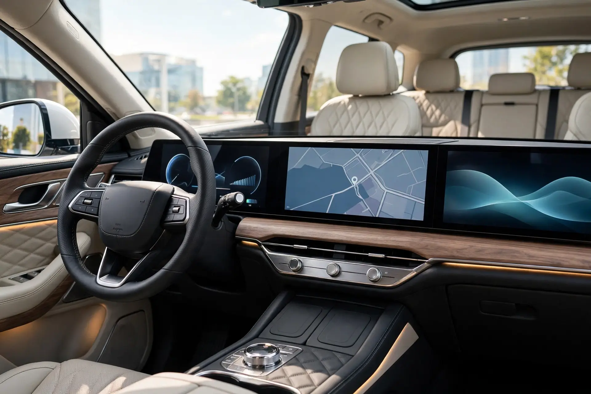 Interior del Exeed VX con triple pantalla