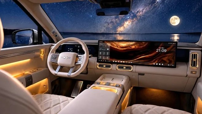 Interior del Fang Cheng Bao Ti 9 con pantalla panorámica de 30 pulgadas