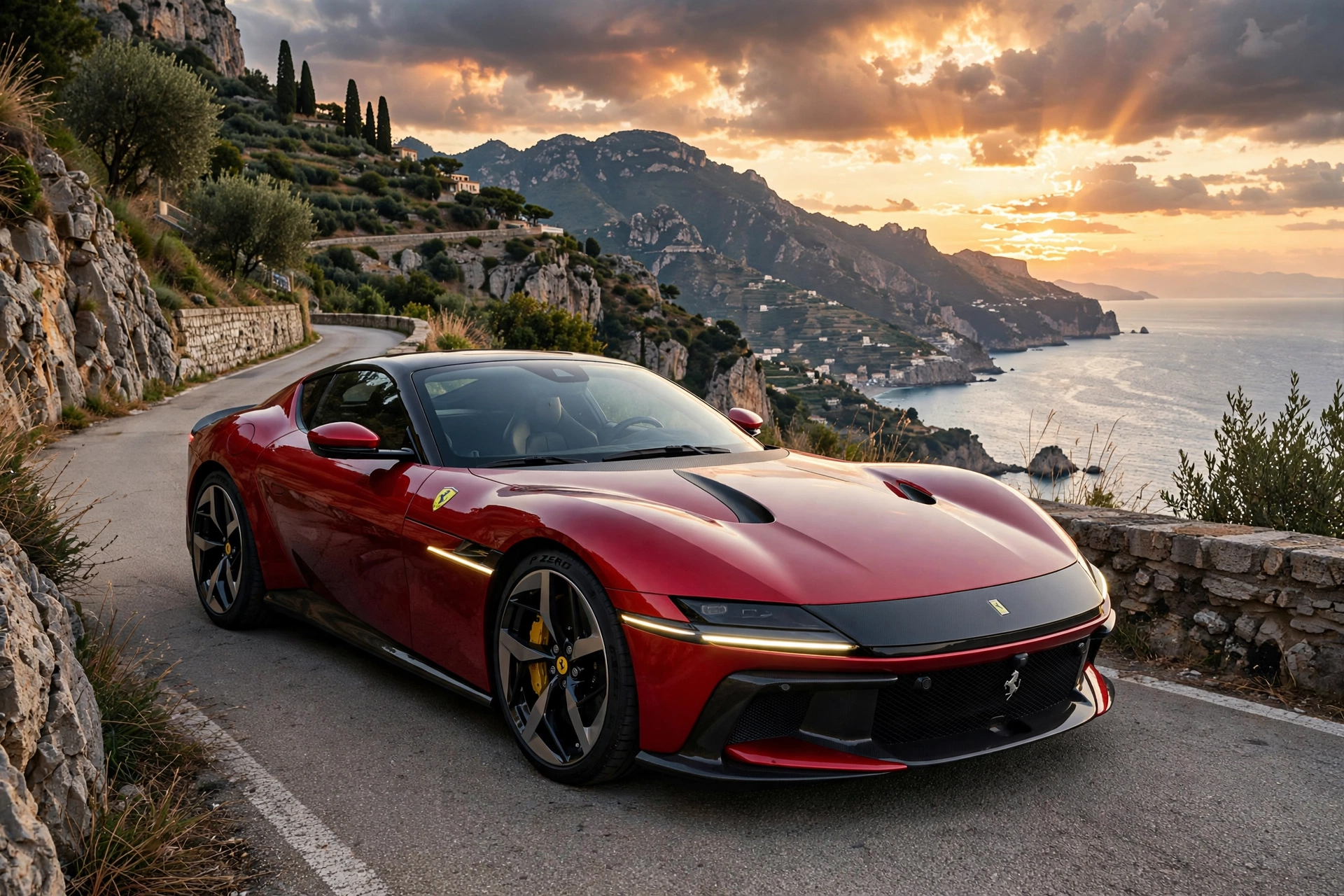 Ferrari 12Cilindri rojo, tres cuartos delantero en carretera italiana