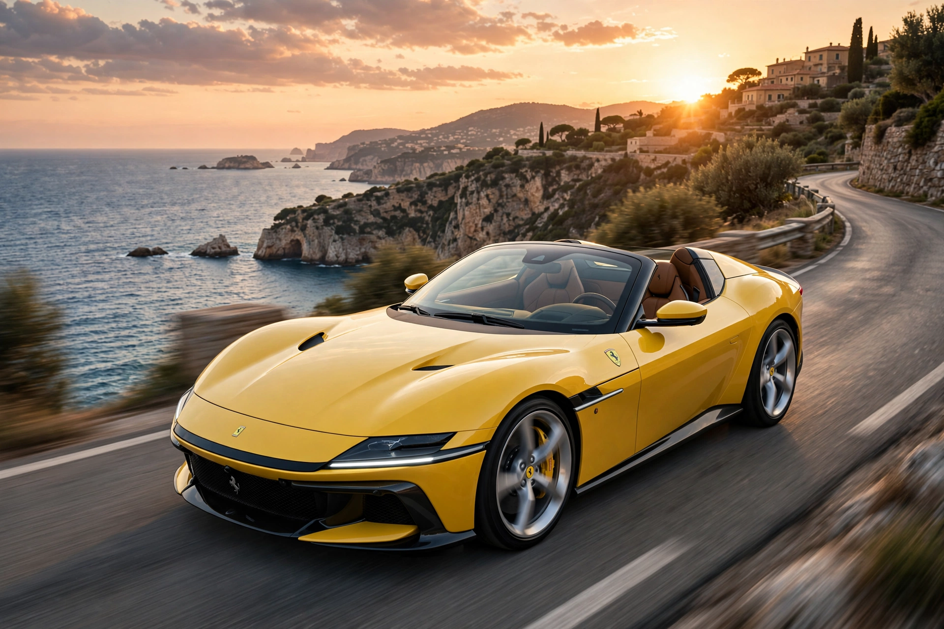 Ferrari 12Cilindri Spider amarillo descapotado en la costa mediterránea
