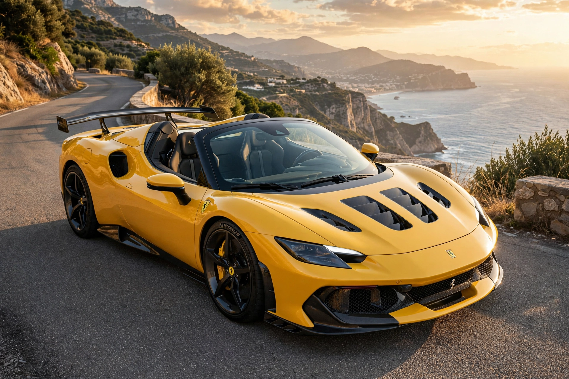 Ferrari 296 Speciale A amarillo descapotado en carretera de montaña