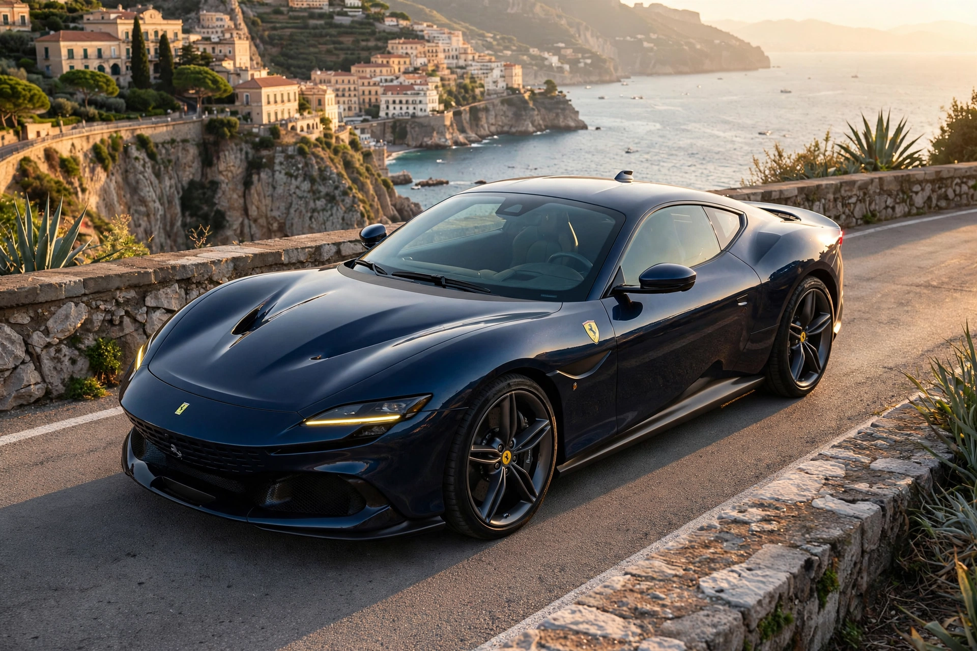 Ferrari Amalfi azul en la costa de Amalfi al atardecer