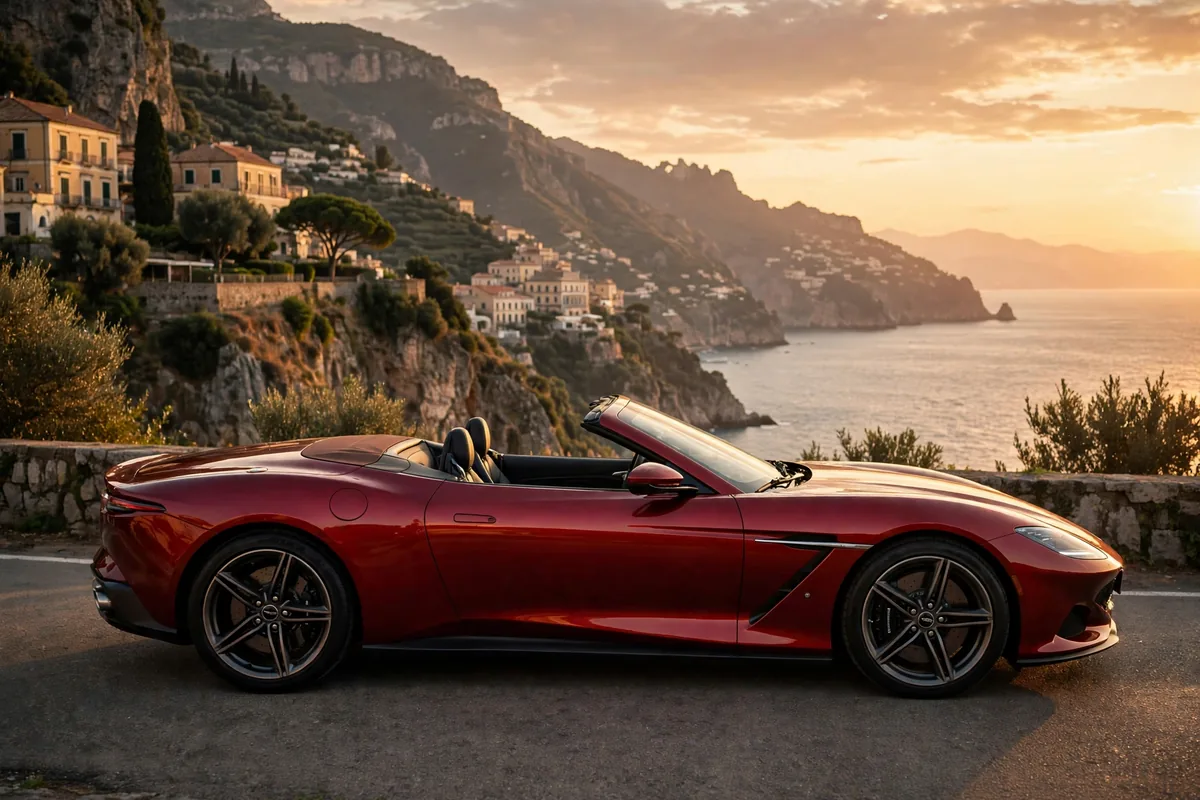 Ferrari Amalfi Spider descapotado en la costa amalfitana al atardecer