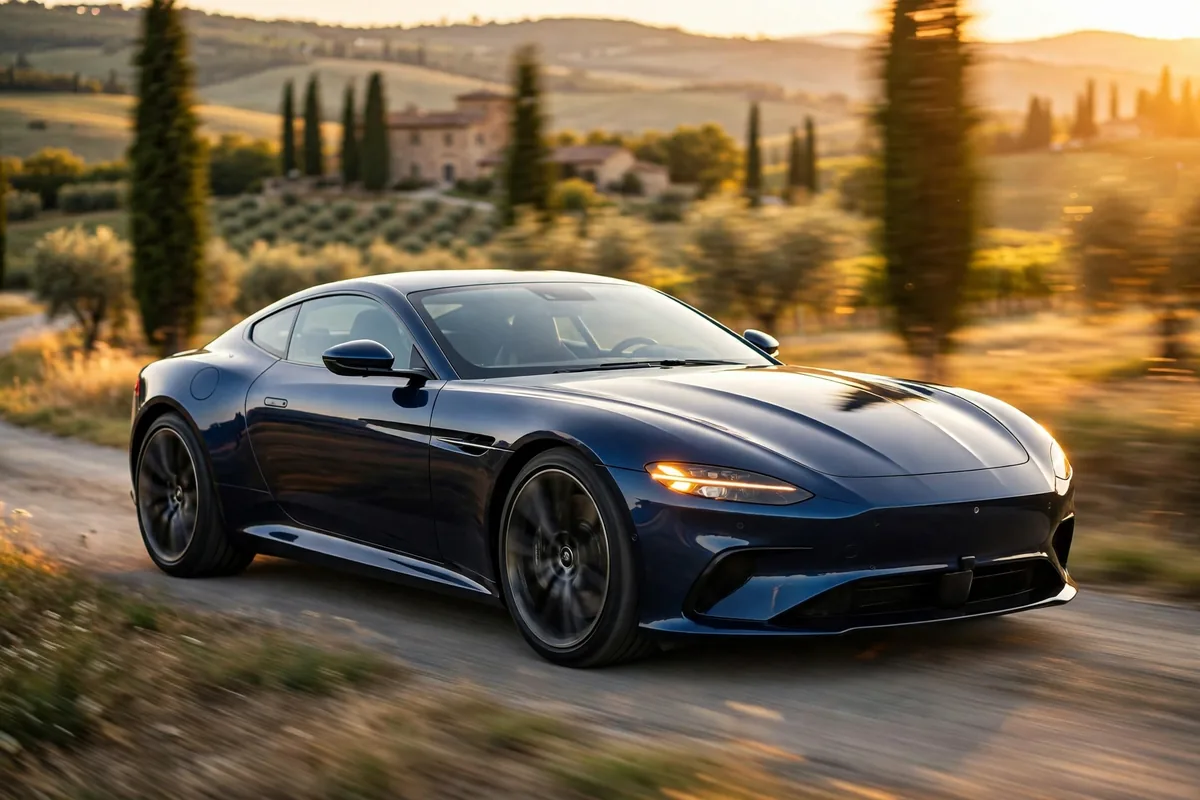 Ferrari Roma azul, tres cuartos delantero en carretera de la Toscana