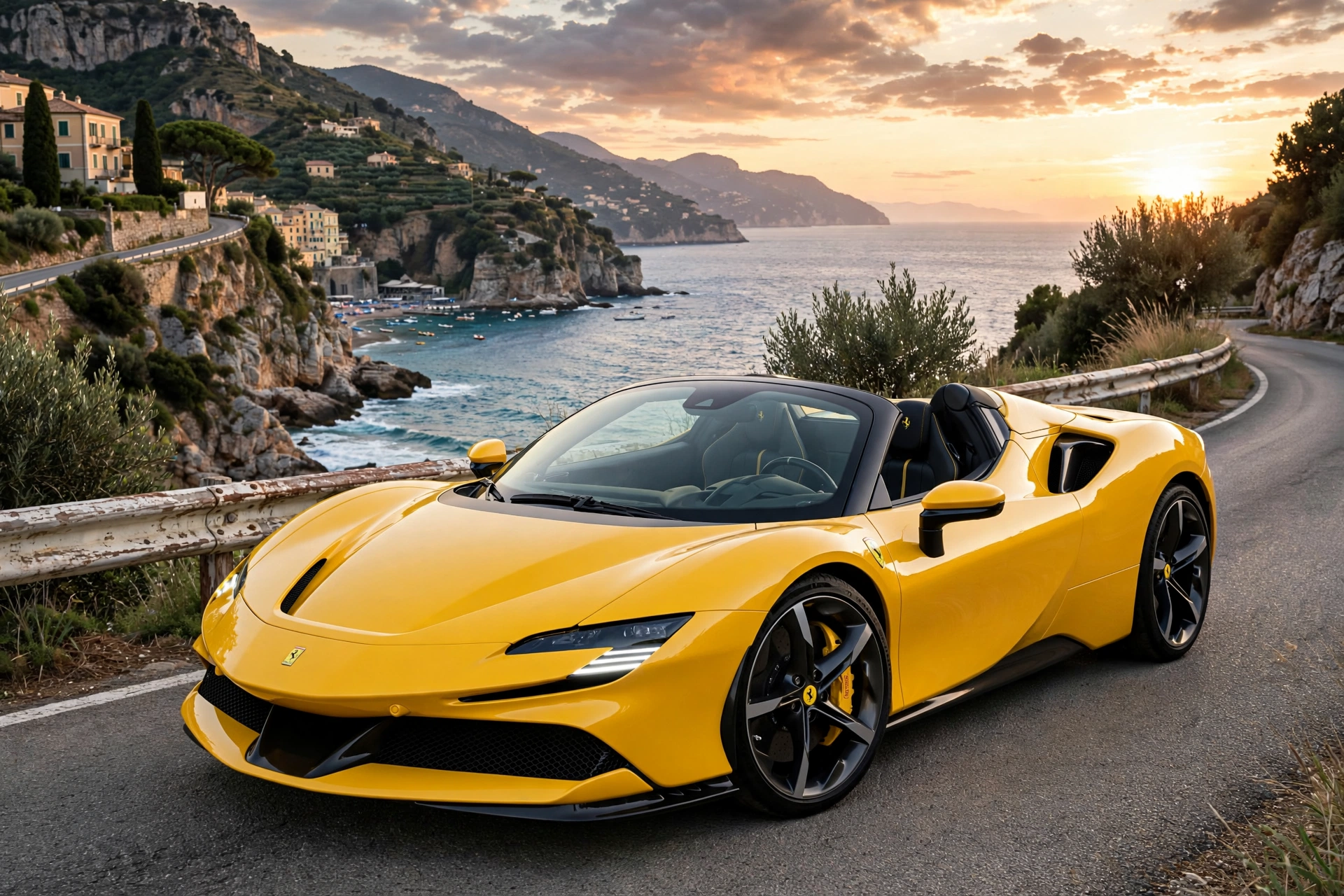 Ferrari SF90 Spider negro descapotado al atardecer en la costa