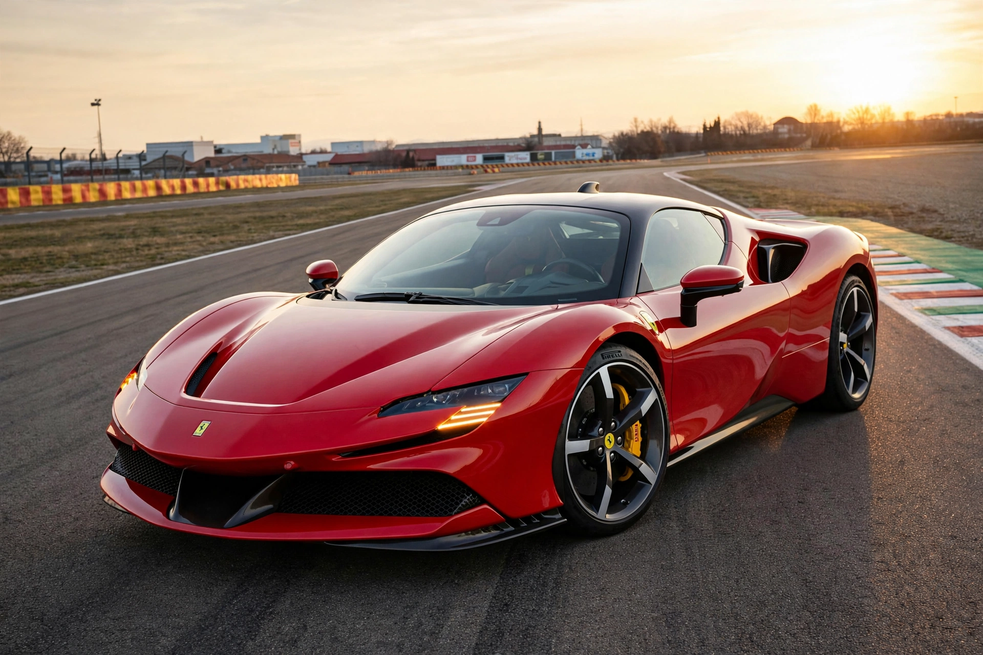 Ferrari SF90 Stradale rojo en curva del circuito de Mugello