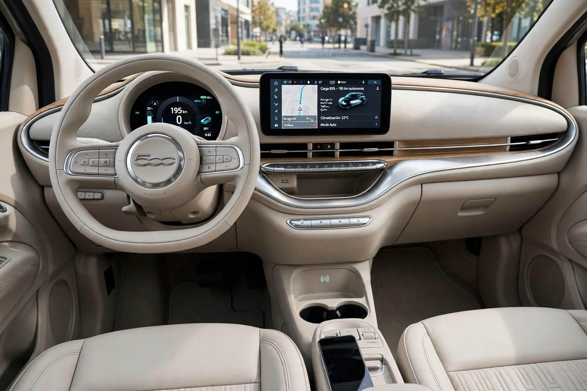 Interior del Fiat 500e, pantalla táctil y cuadro digital