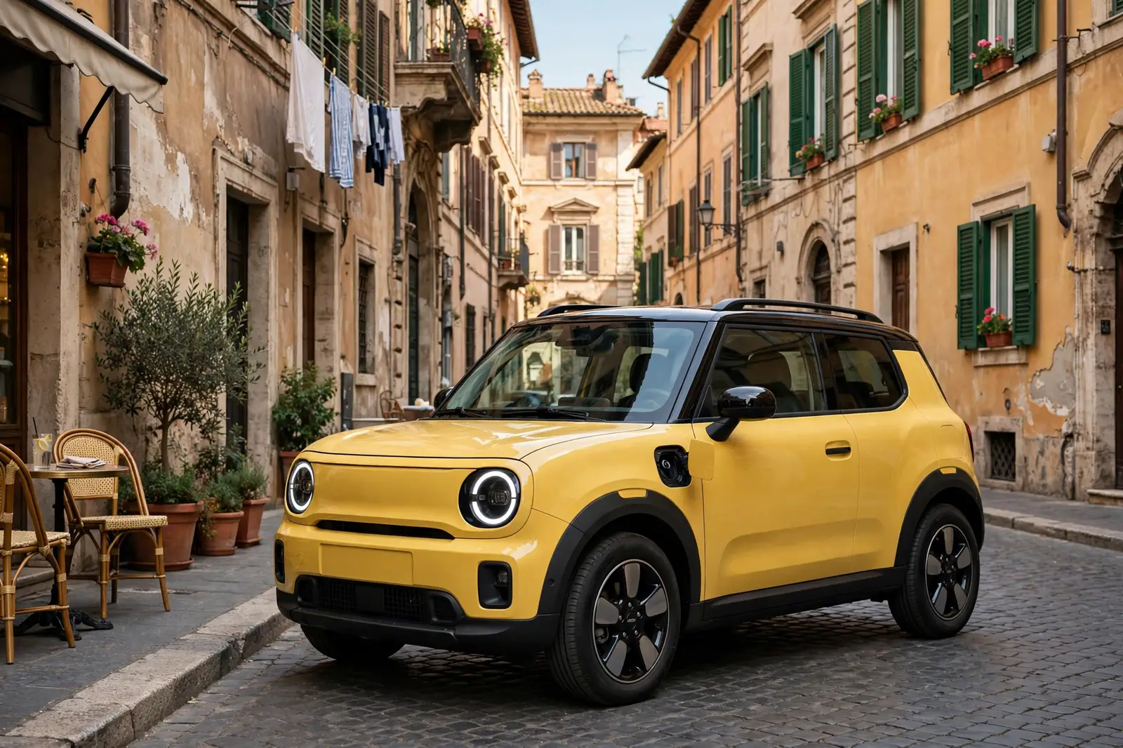 Pequeño SUV urbano eléctrico amarillo de diseño retro aparcado en una calle de Roma con arquitectura italiana