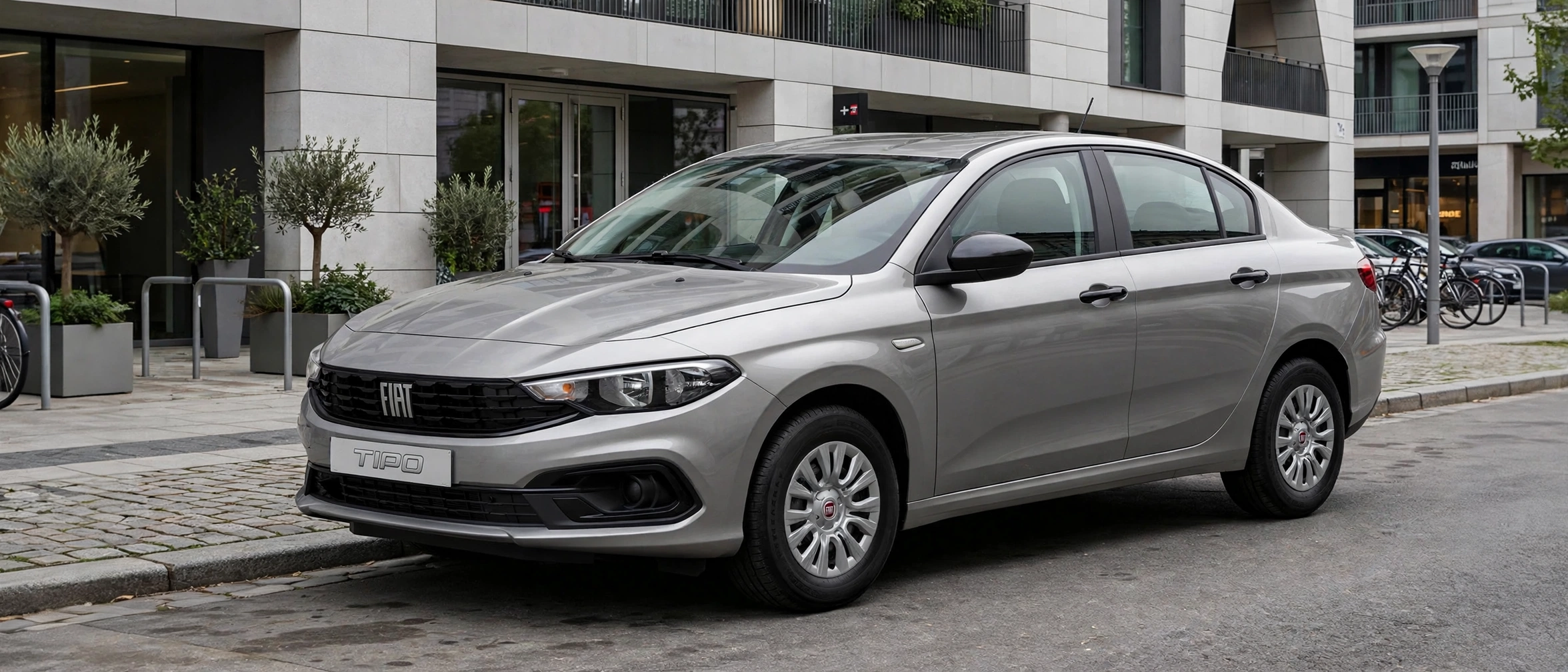 Fiat Tipo sedán gris plata frente a edificio moderno