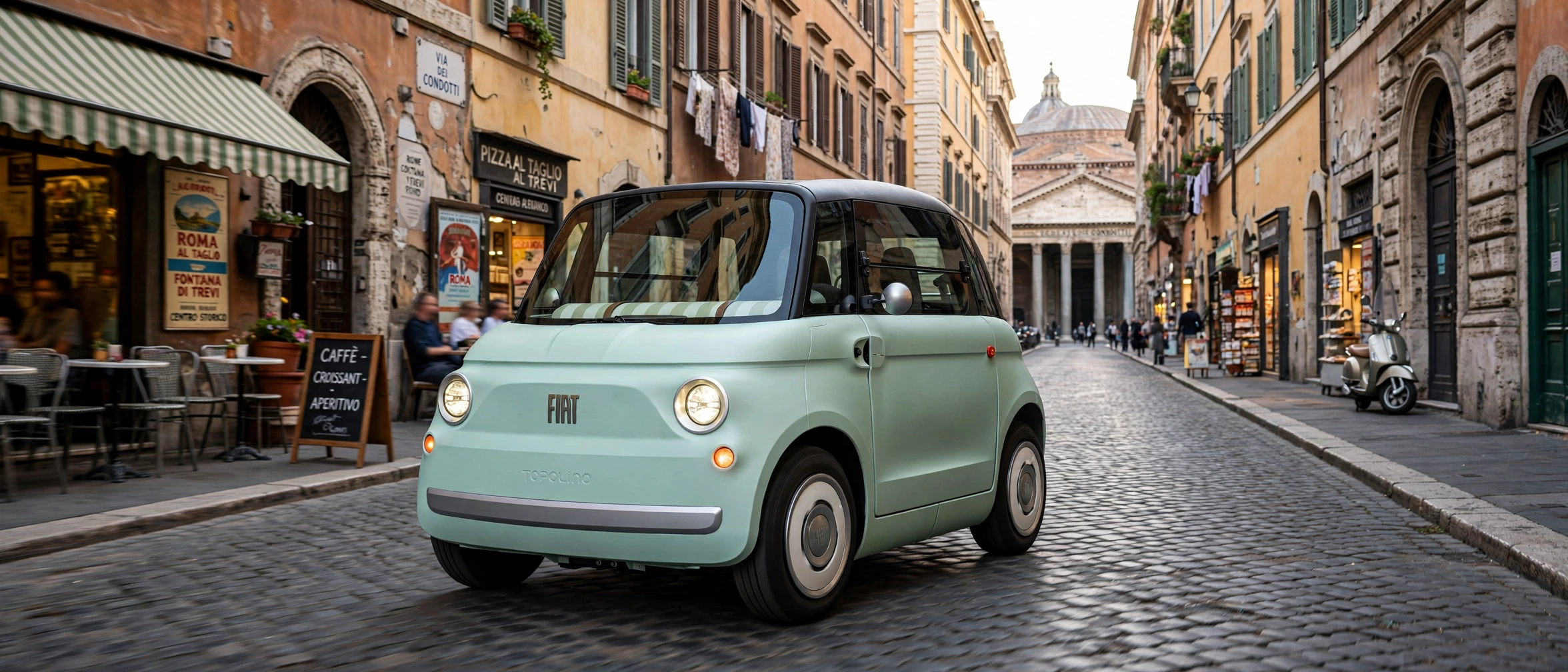 Fiat Topolino verde vita en calle del centro de Roma