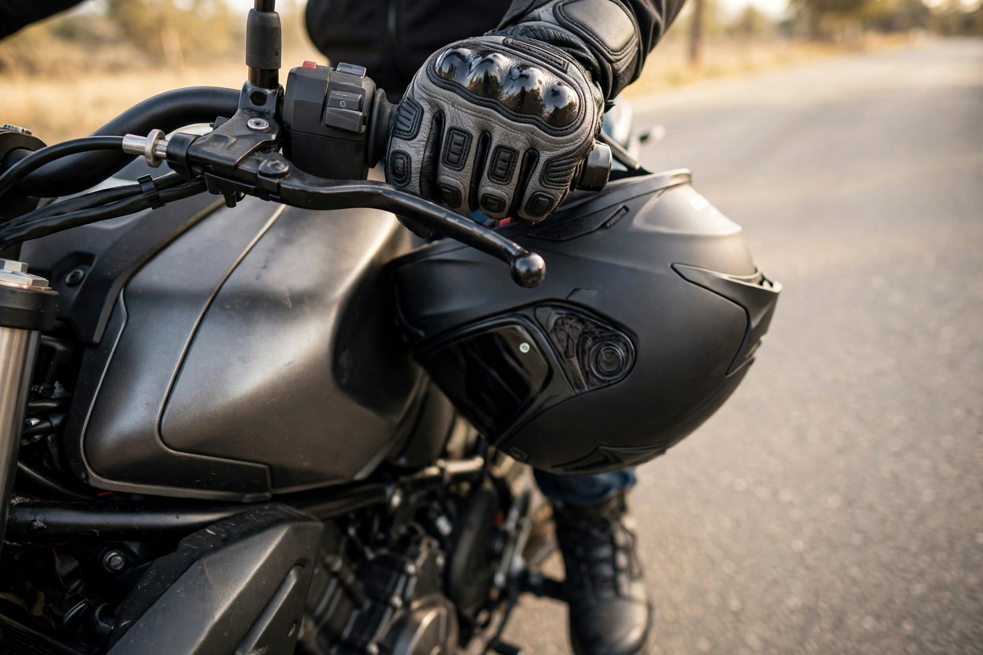 Motorista con guantes de protección, casco homologado y calzado cerrado