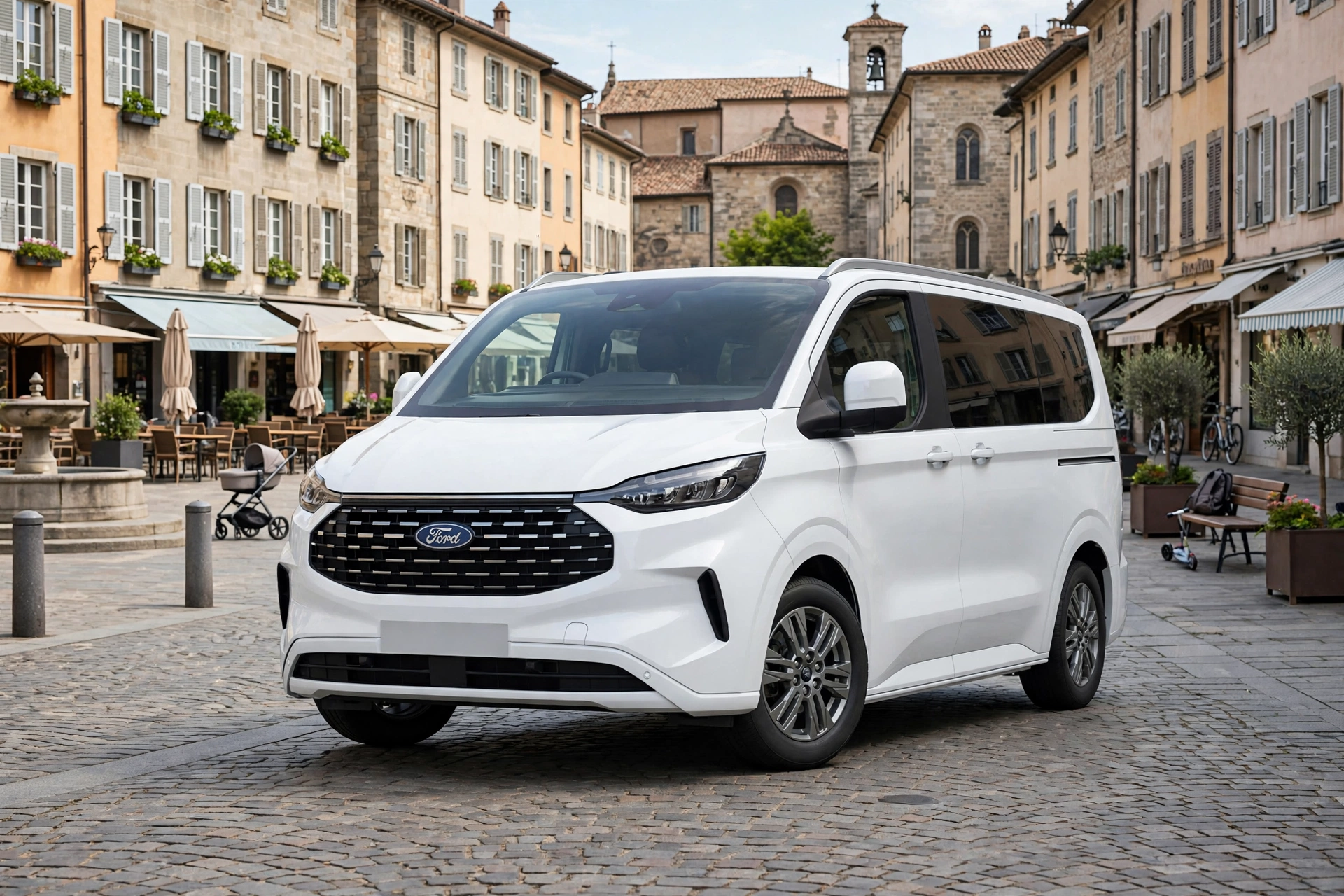 Ford E-Tourneo Custom eléctrico blanco en plaza europea, vista tres cuartos delantera