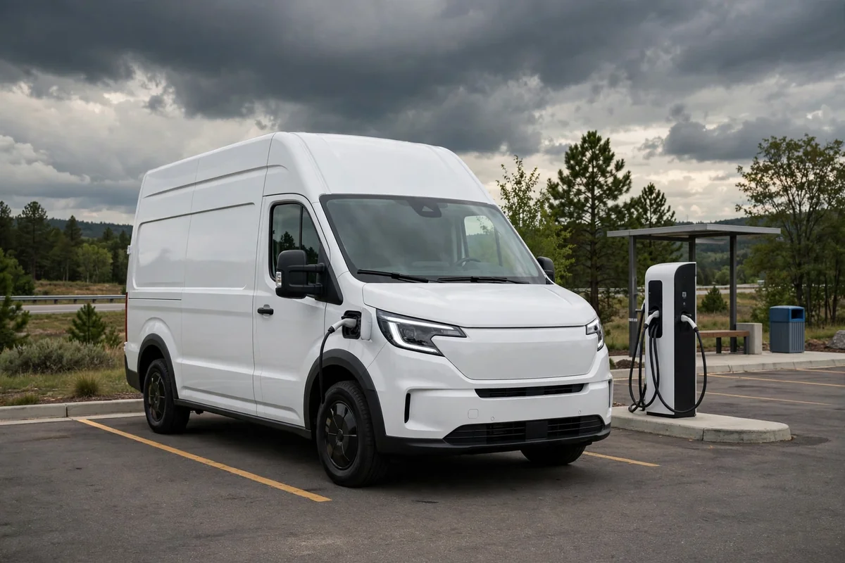 Ford E-Transit eléctrica blanca en área de descanso con cargador