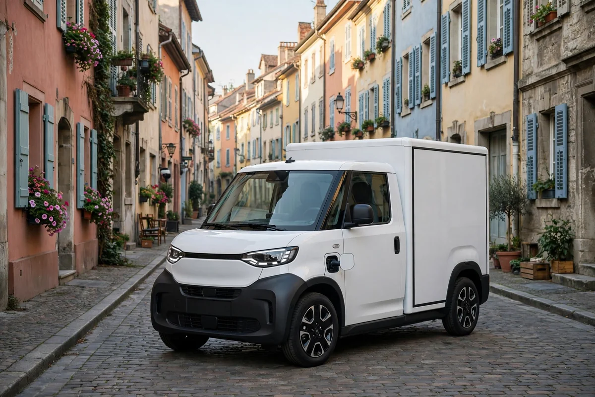 Ford E-Transit Courier eléctrica blanca en casco histórico
