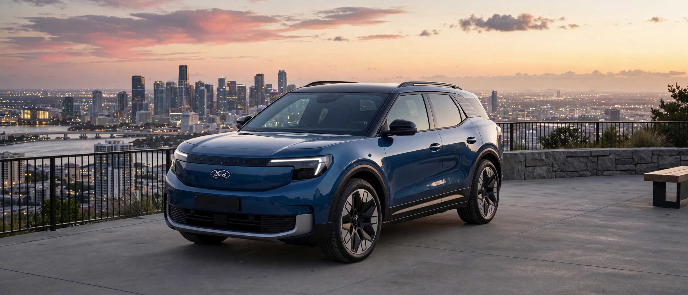 Ford Explorer eléctrico azul en mirador urbano al atardecer, vista tres cuartos delantera