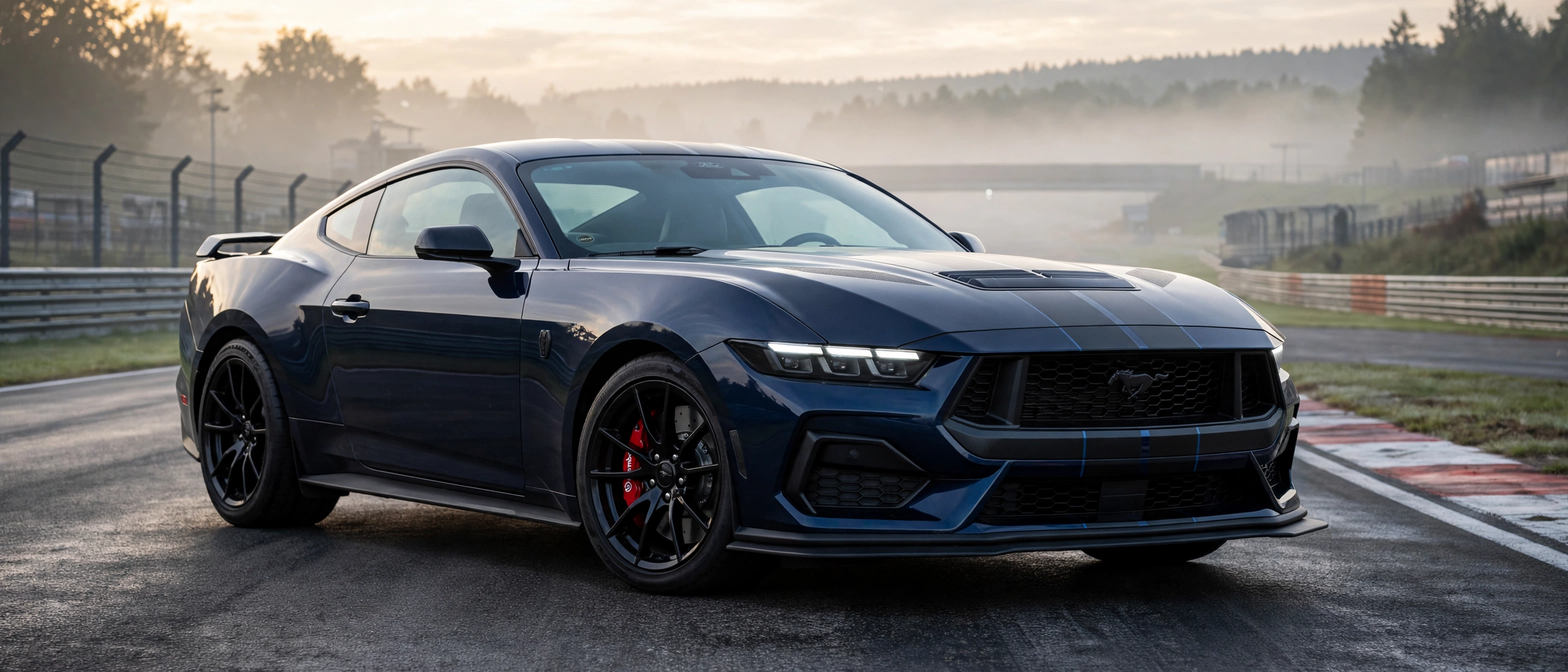 Ford Mustang Dark Horse azul oscuro en circuito, vista tres cuartos delantera
