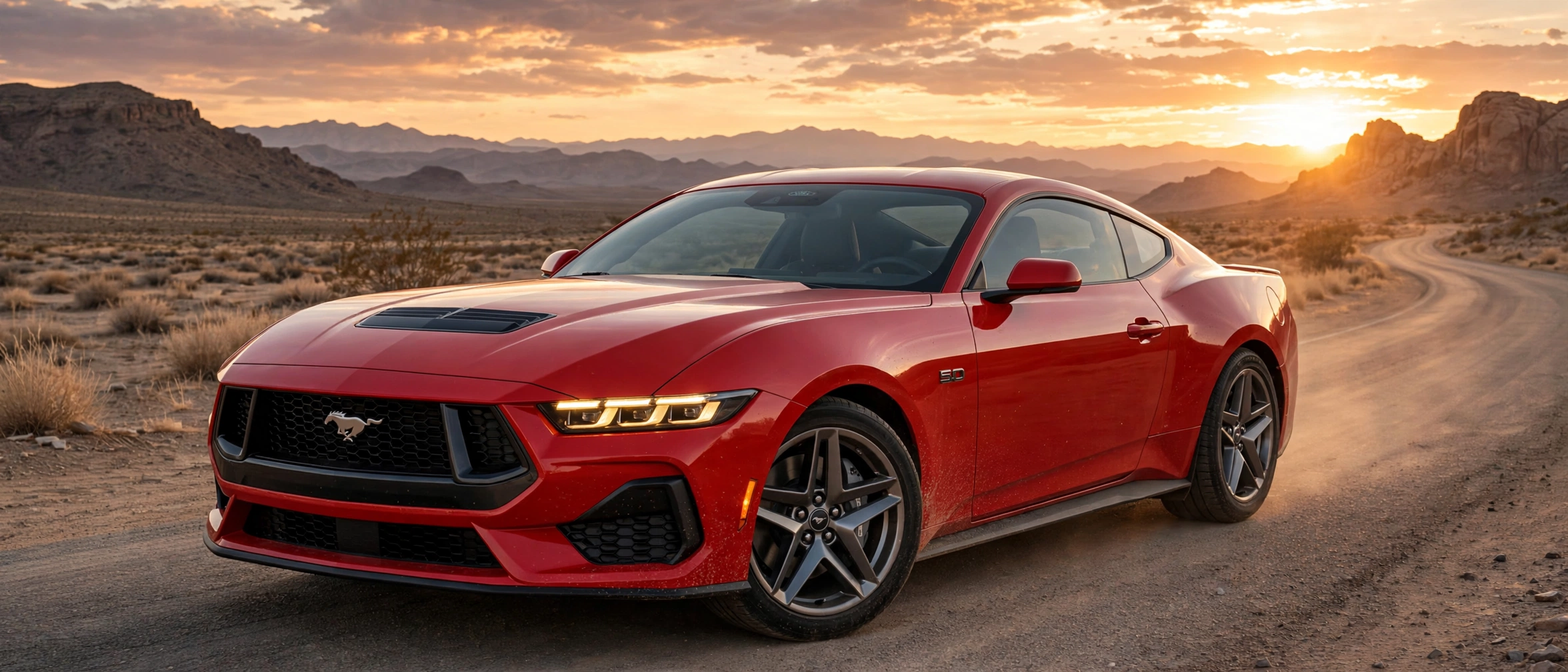 Ford Mustang GT Fastback rojo en carretera desértica, vista tres cuartos delantera