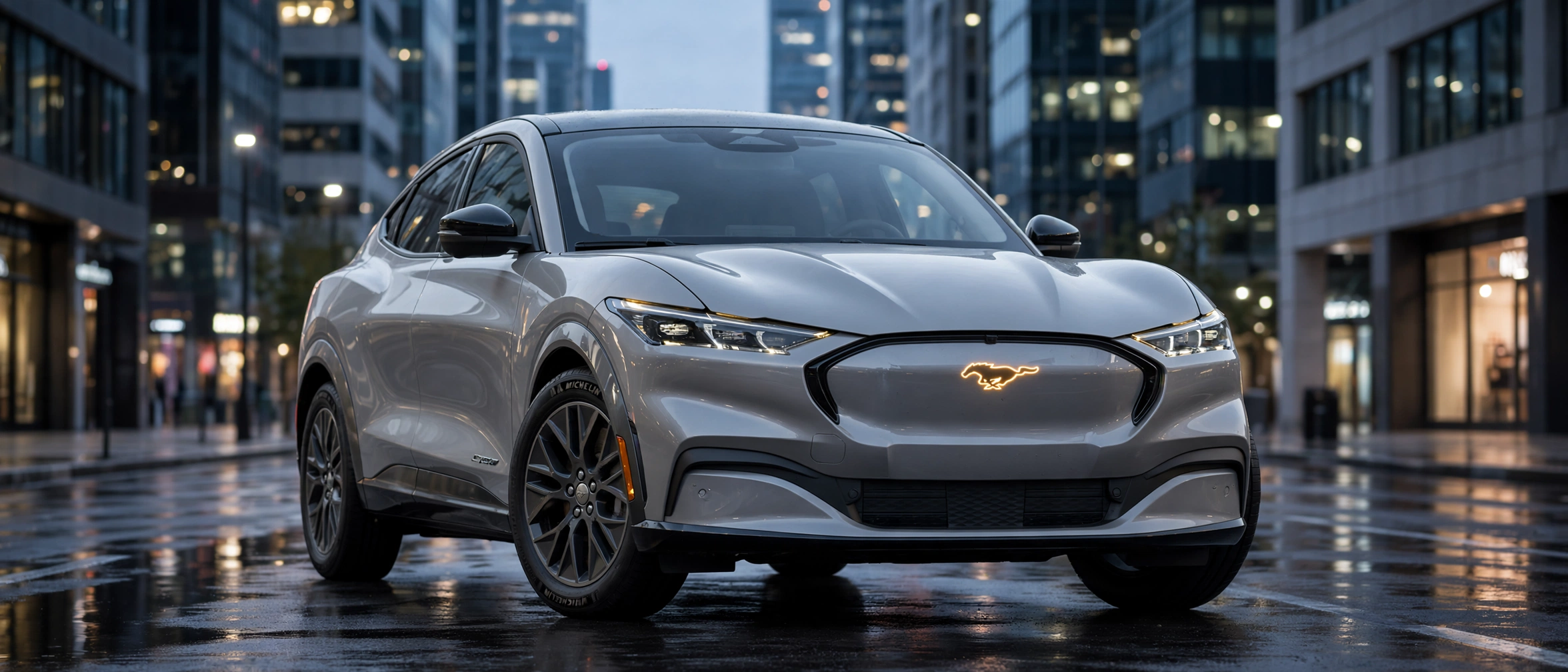 Ford Mustang Mach-E eléctrico en ciudad de noche, vista tres cuartos delantera