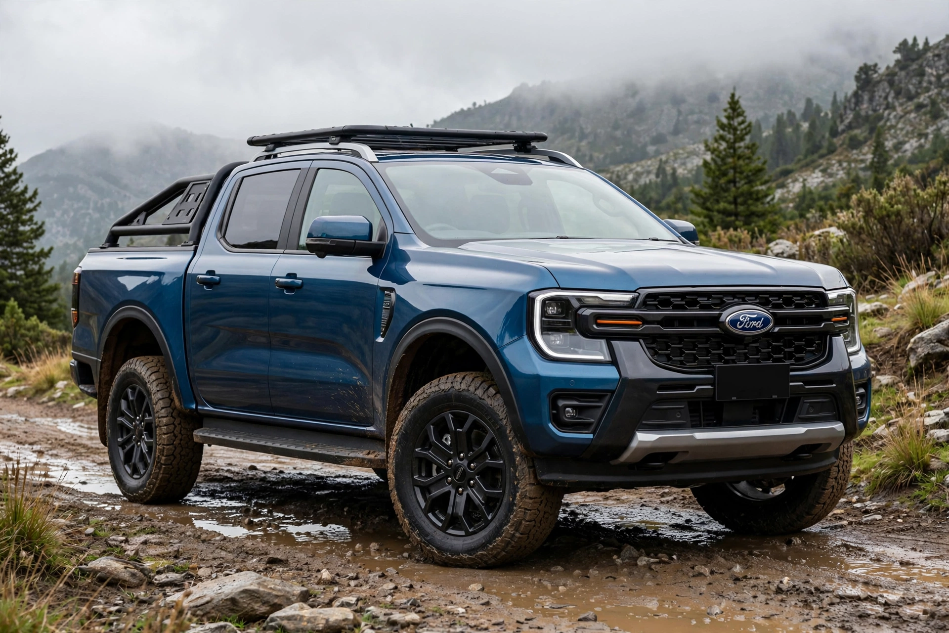 Ford Ranger Wildtrak azul en camino de montaña con barro, vista tres cuartos delantera