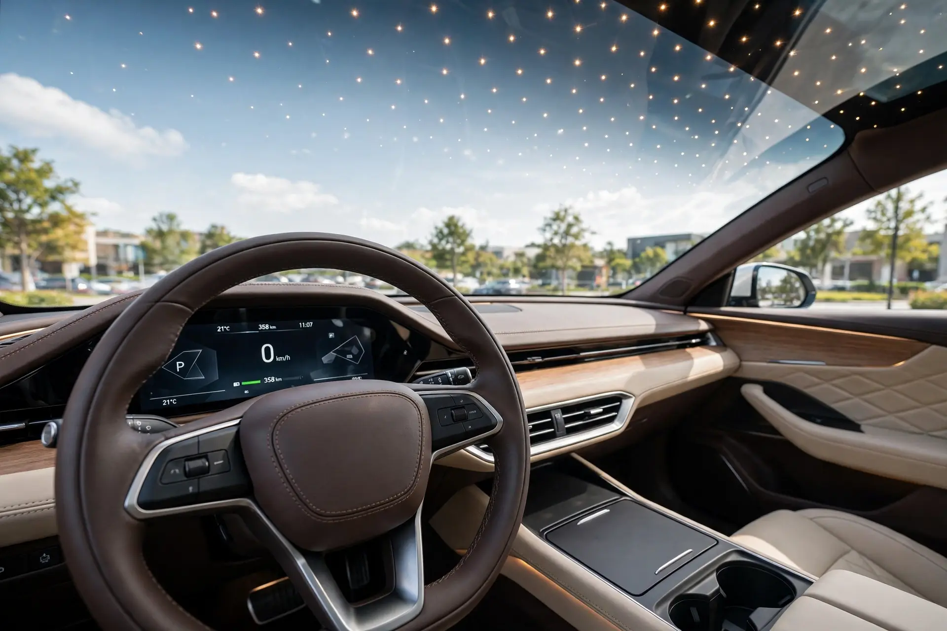 Interior del Forthing Friday EV con techo estrellado