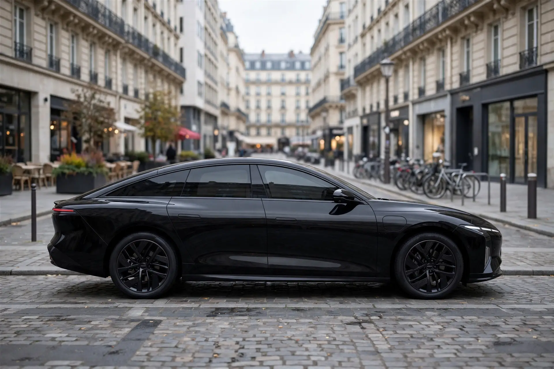 Forthing S7 REEV negro, vista lateral en calle europea