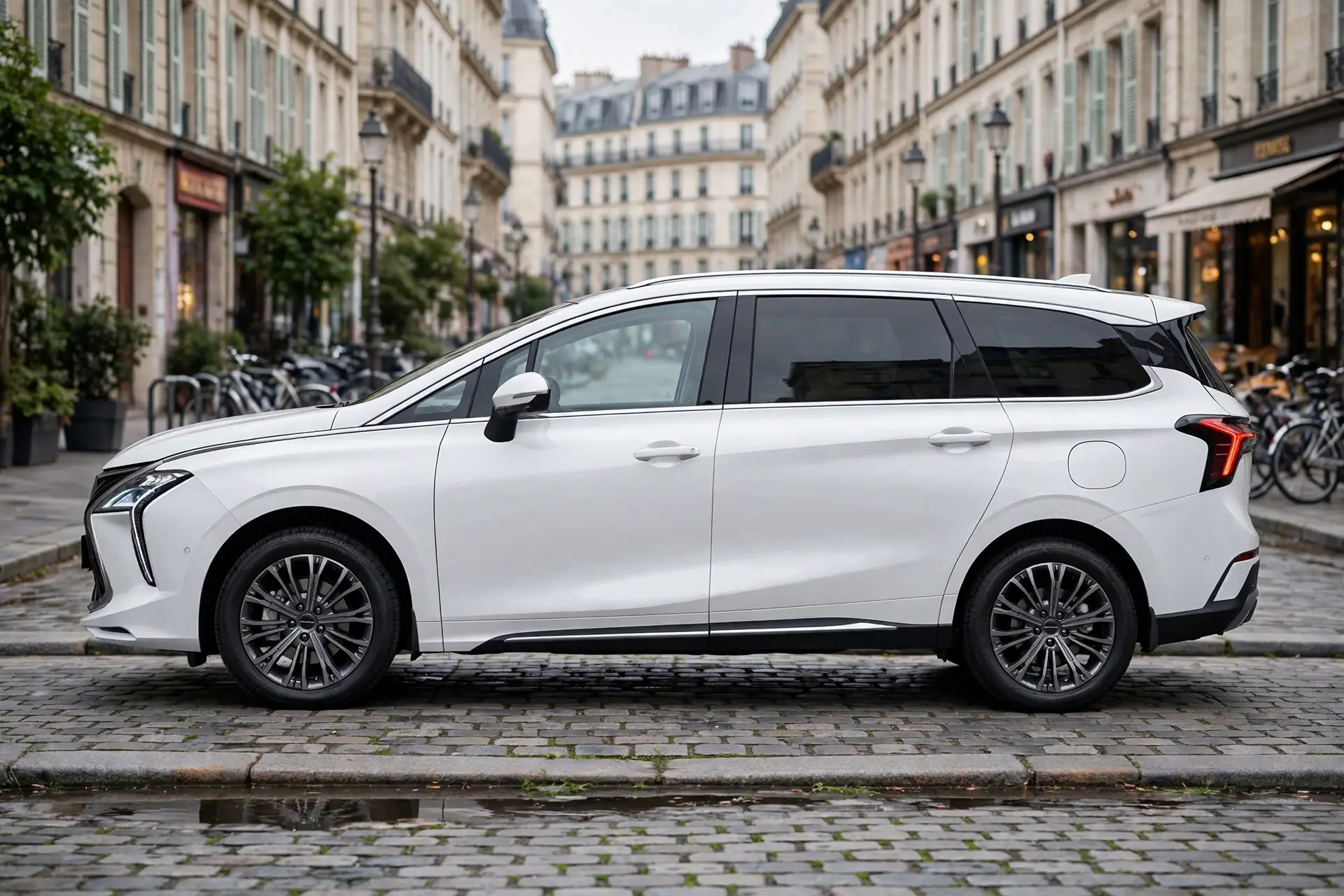 Forthing U-Tour HEV blanco, vista lateral en calle europea