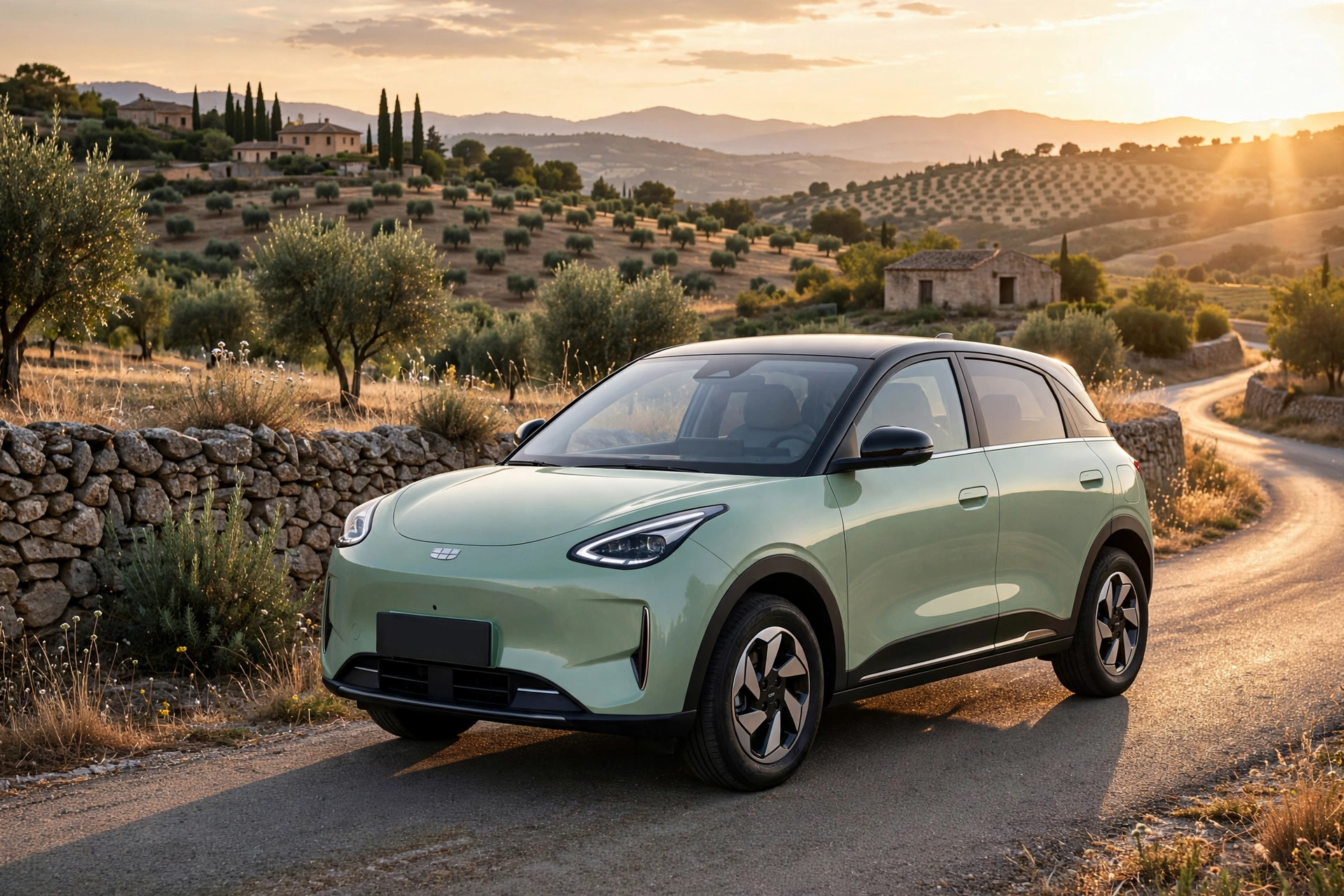 Geely E2 en tres cuartos delantero al atardecer, imagen editorial