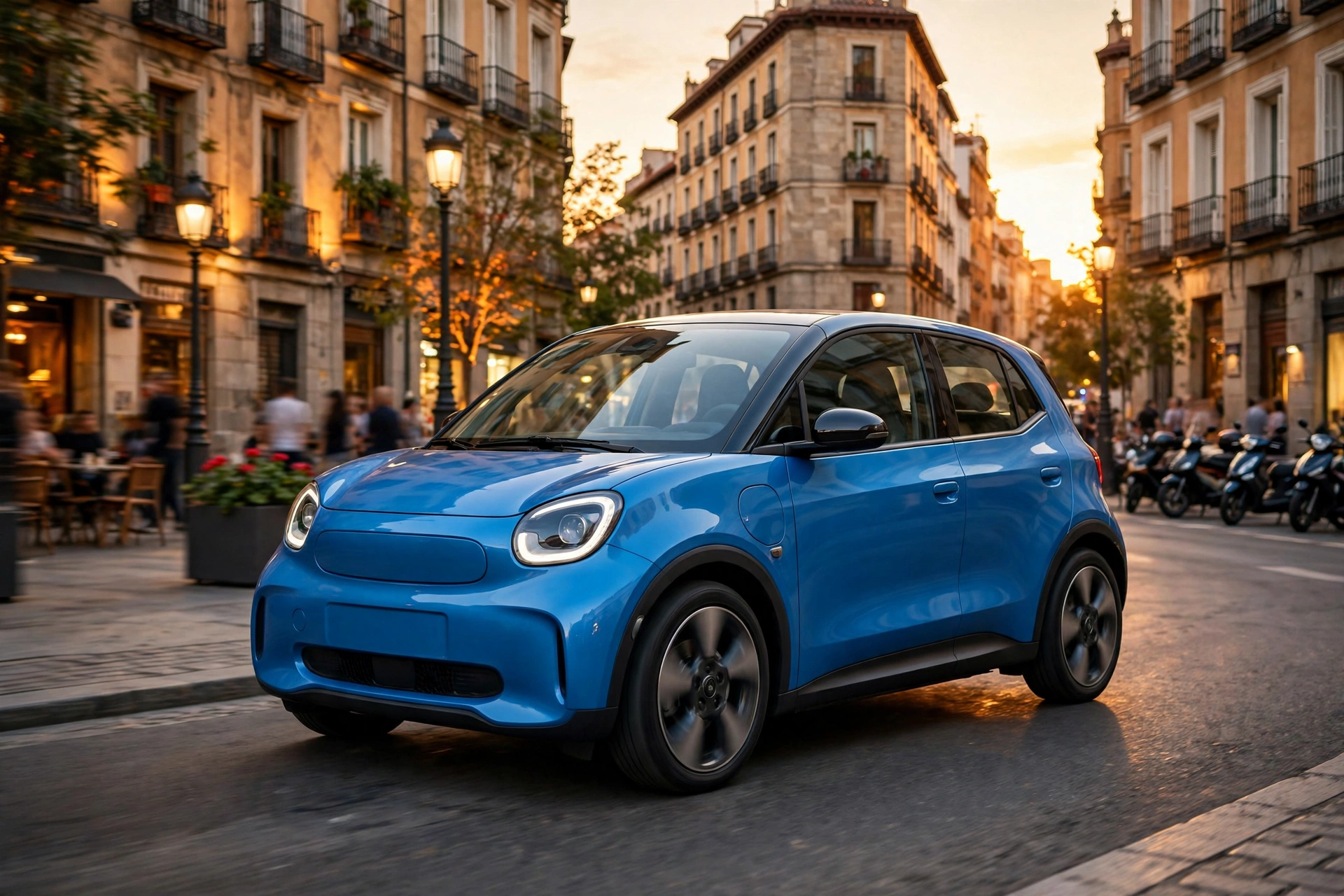 Compacto eléctrico urbano azul circulando por una calle del centro de Madrid al atardecer