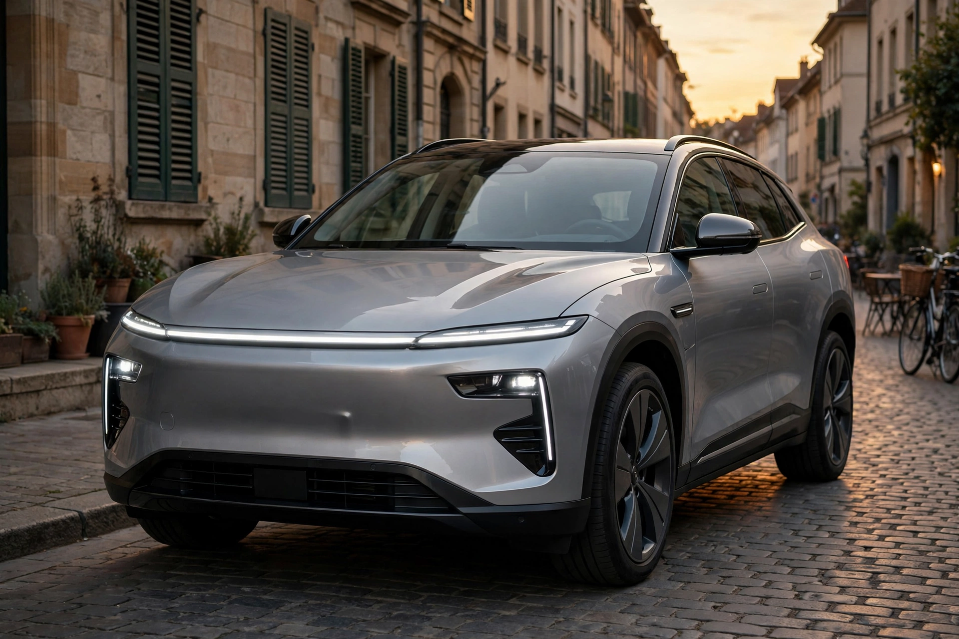 Geely E5, SUV eléctrico gris plateado aparcado en una calle europea al atardecer