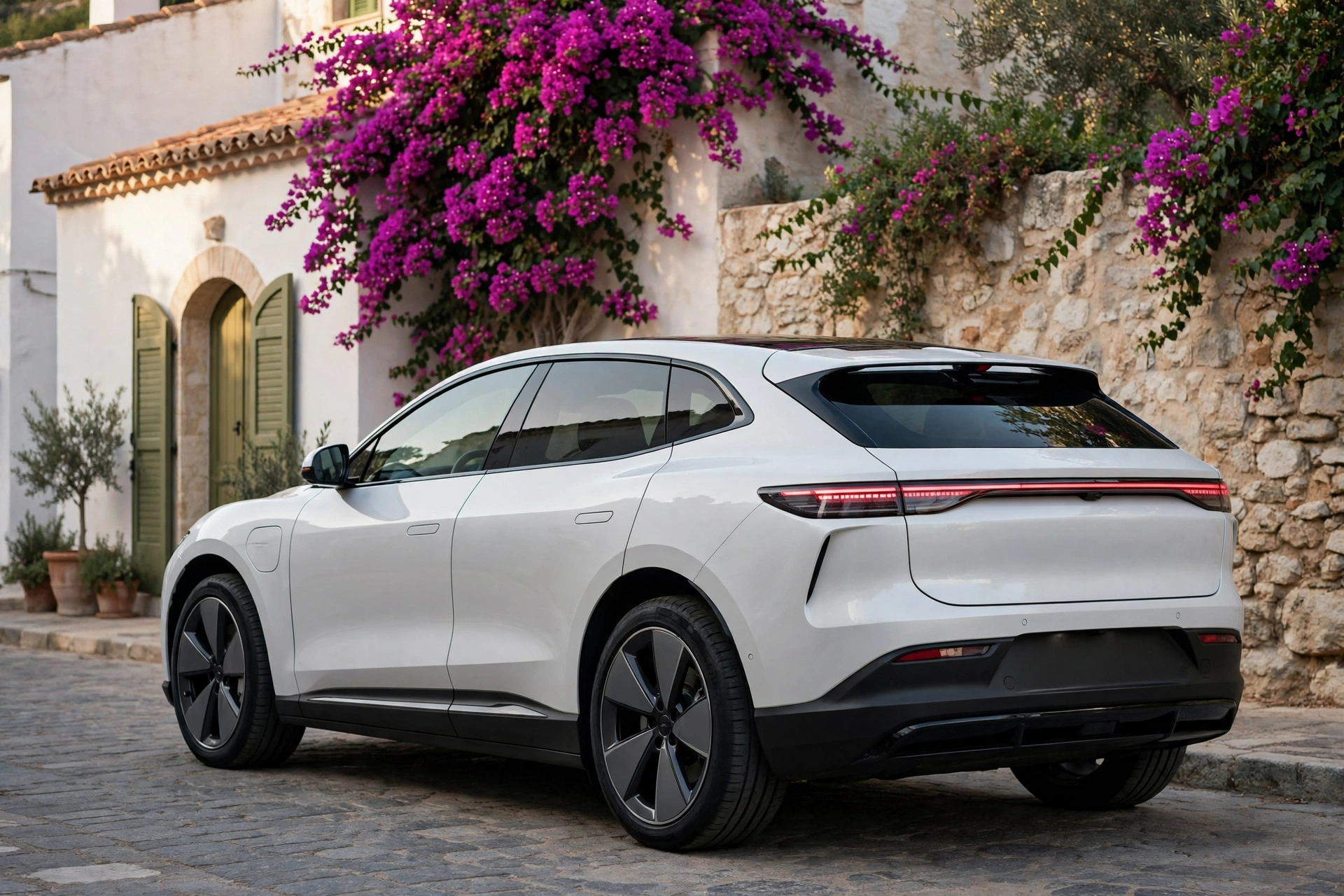 Geely E5, vista tres cuartos trasera con piloto LED horizontal