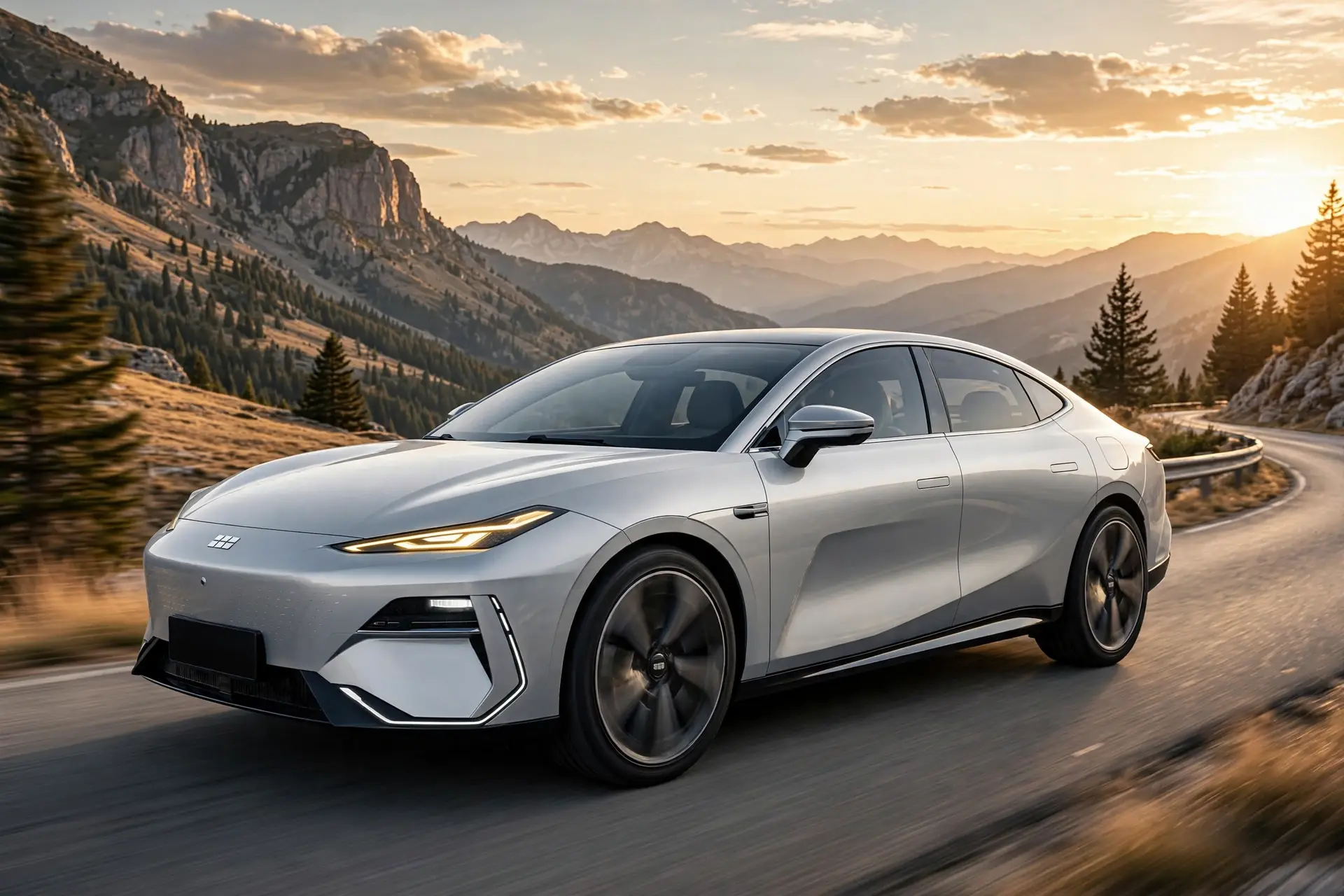 Geely Galaxy E8, berlina eléctrica plateada circulando por una carretera de montaña al atardecer