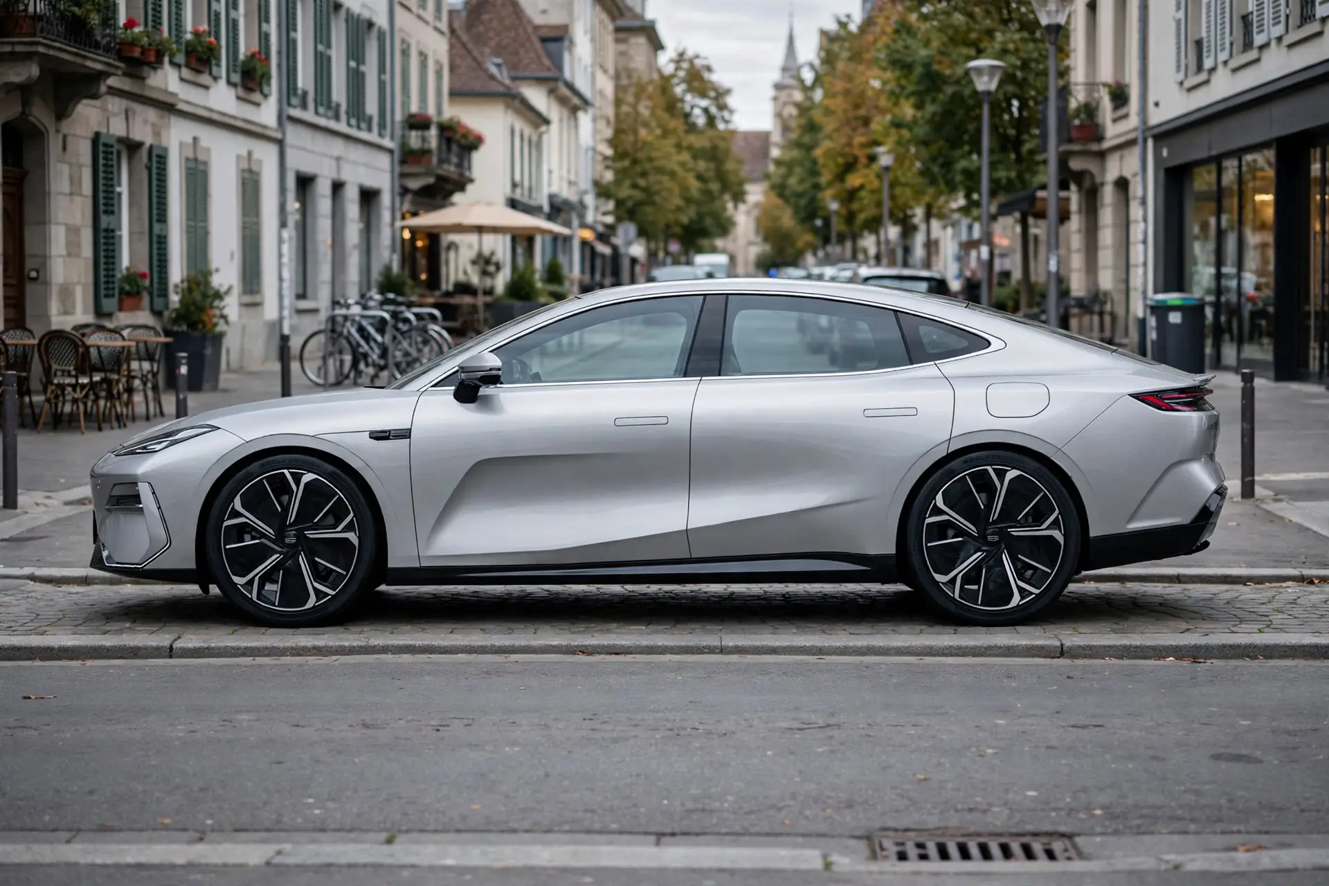 Geely Galaxy E8 de perfil circulando por una avenida europea