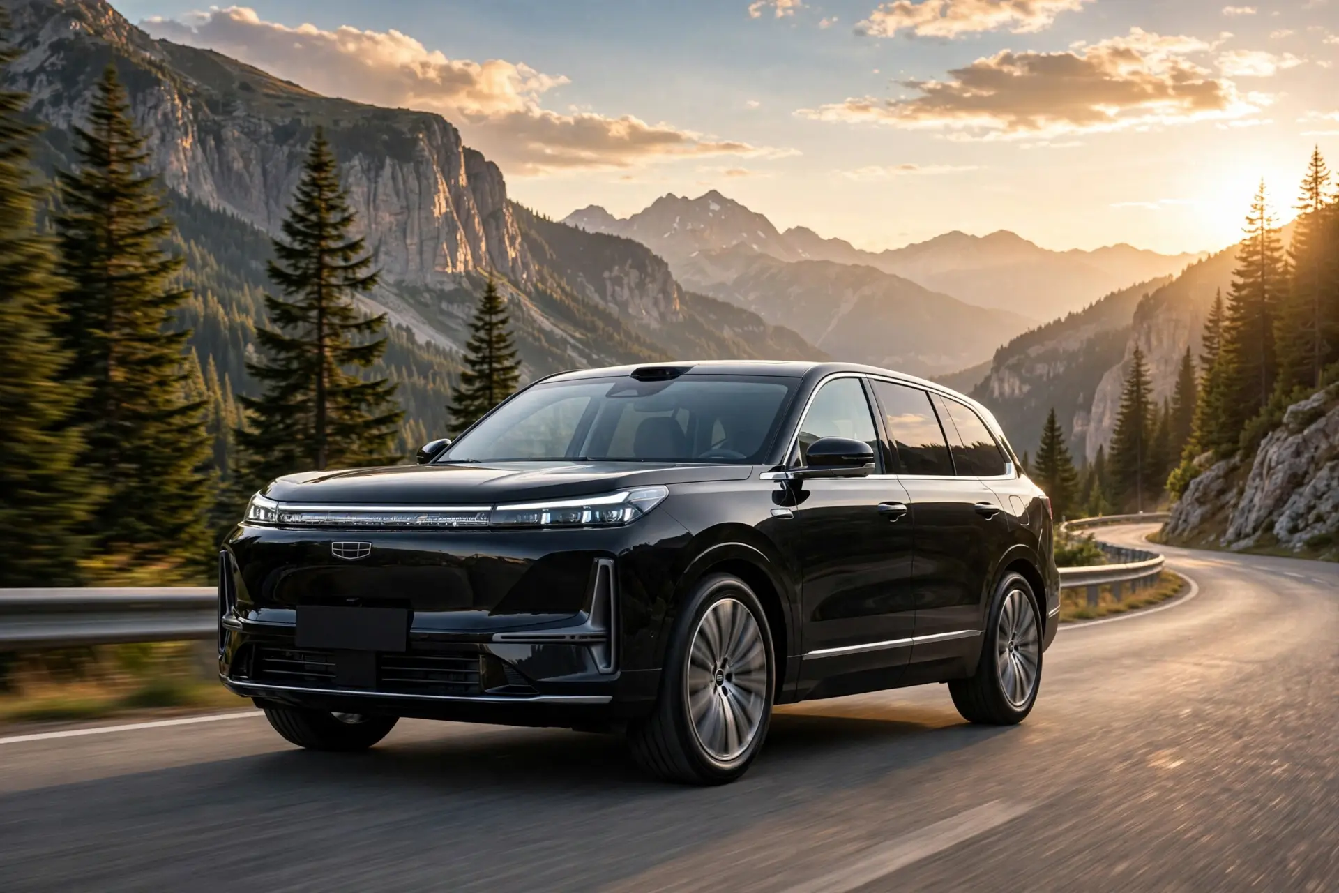 Geely Galaxy M9, SUV híbrido enchufable negro circulando por una carretera de montaña al atardecer