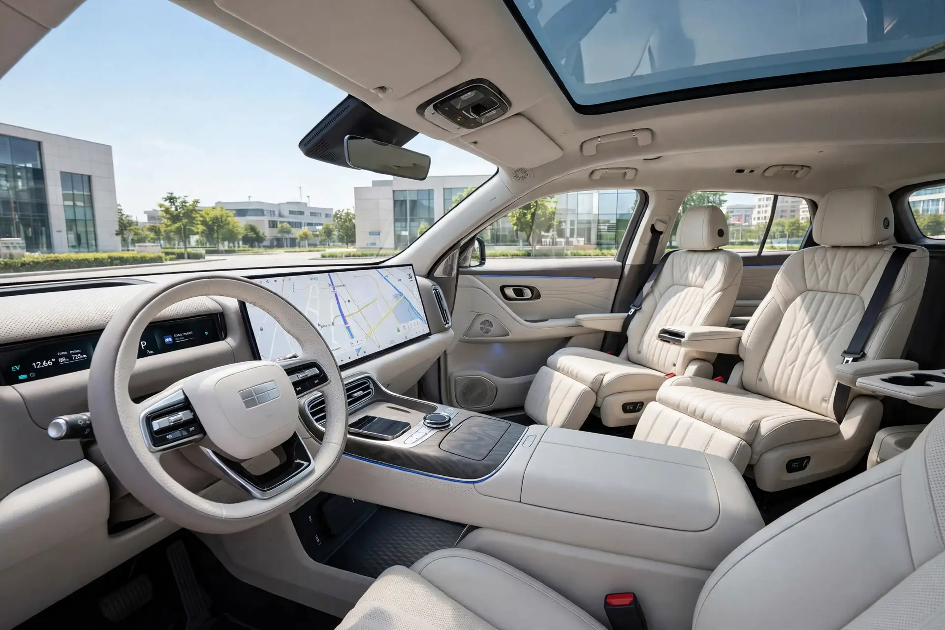 Interior del Geely Galaxy M9 con seis plazas y pantallas digitales