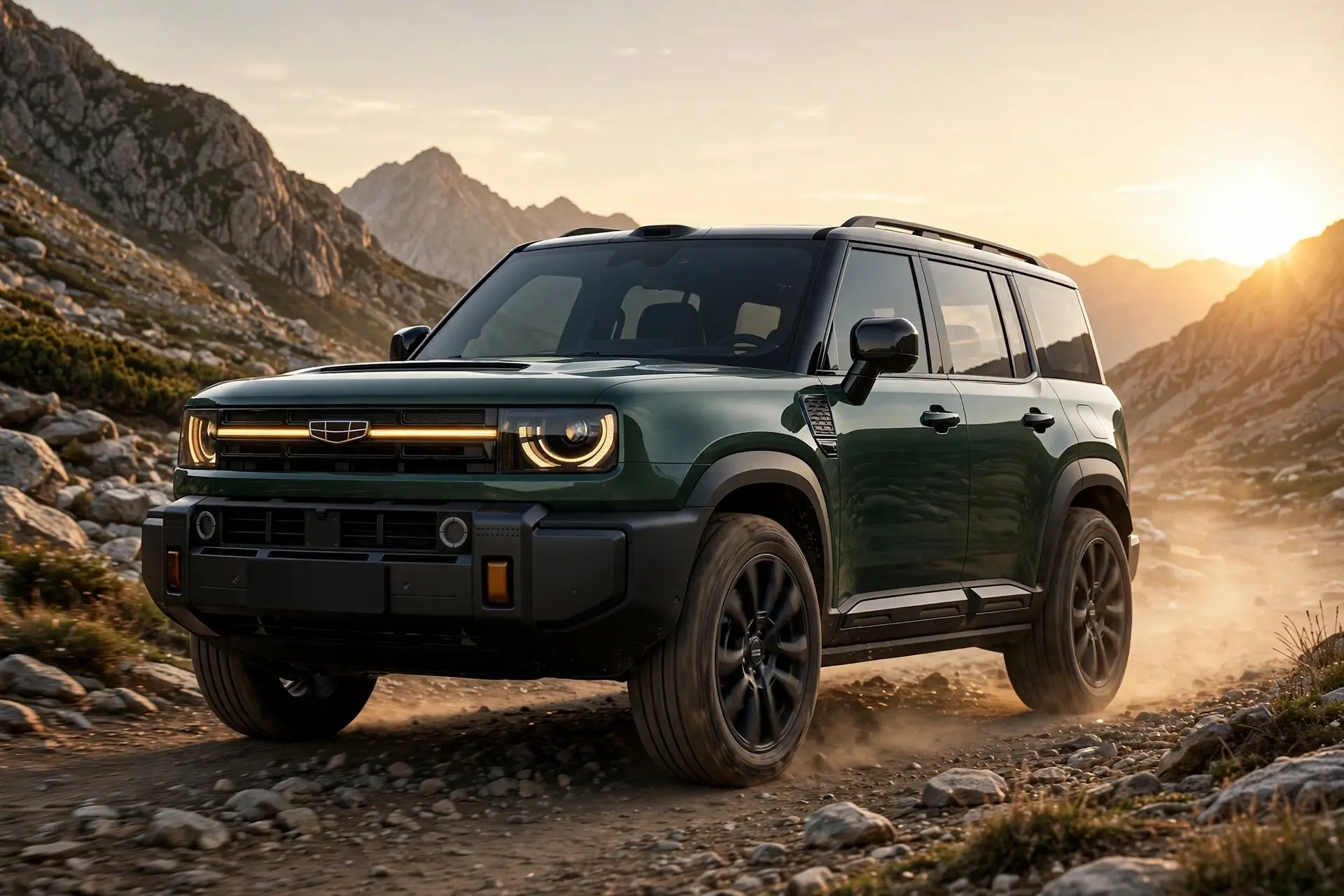 Geely Galaxy Zhanjian 700, todoterreno híbrido verde circulando por un sendero rocoso al atardecer