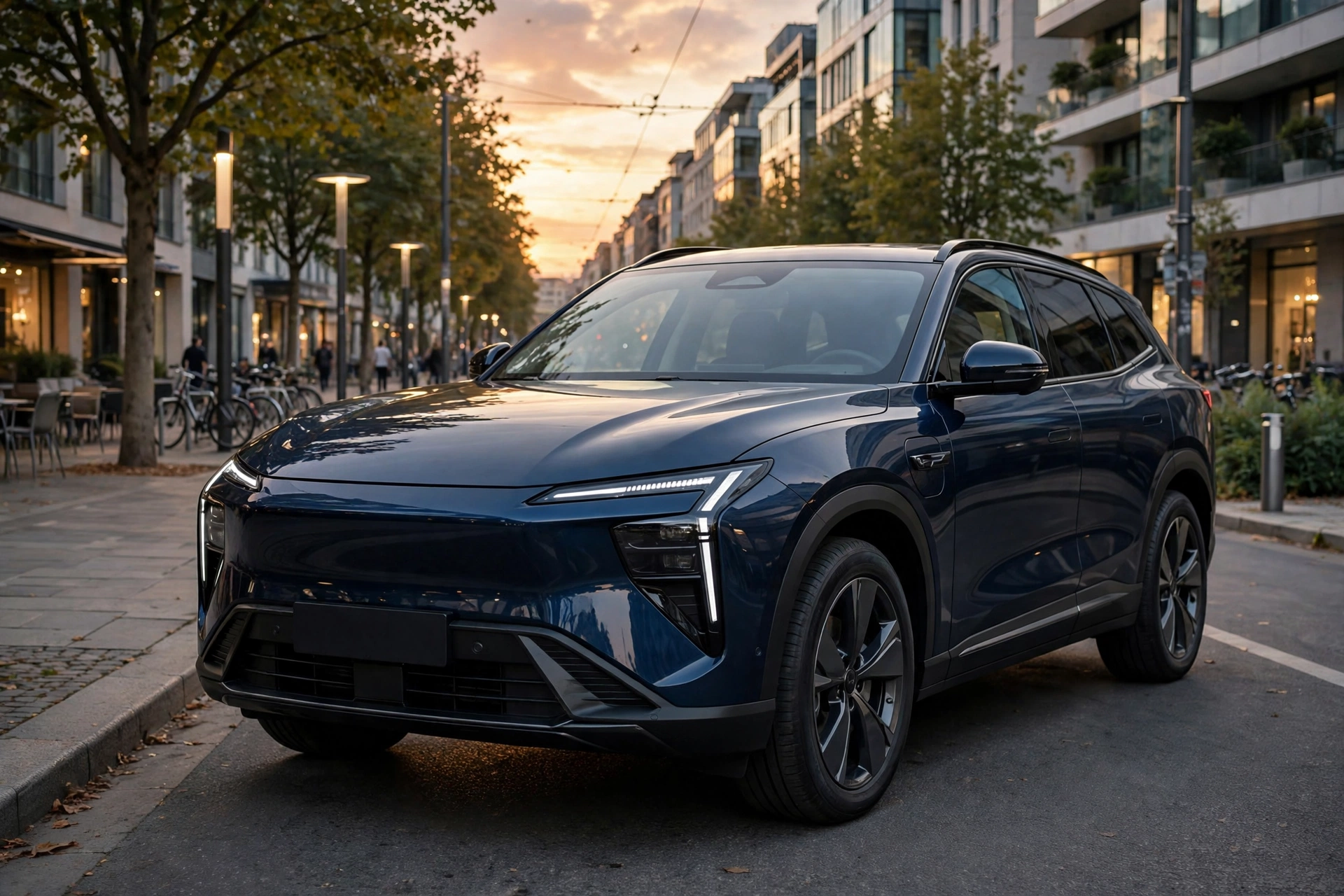 Geely Starray EM-i, SUV híbrido enchufable azul oscuro en una avenida europea