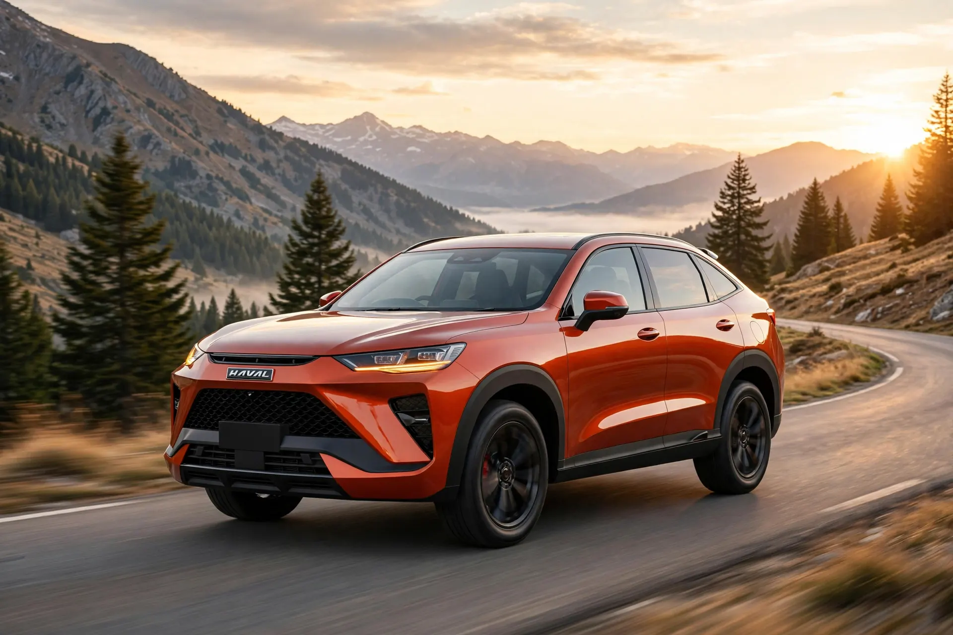 Haval H6 GT PHEV, tres cuartos delantero en carretera costera