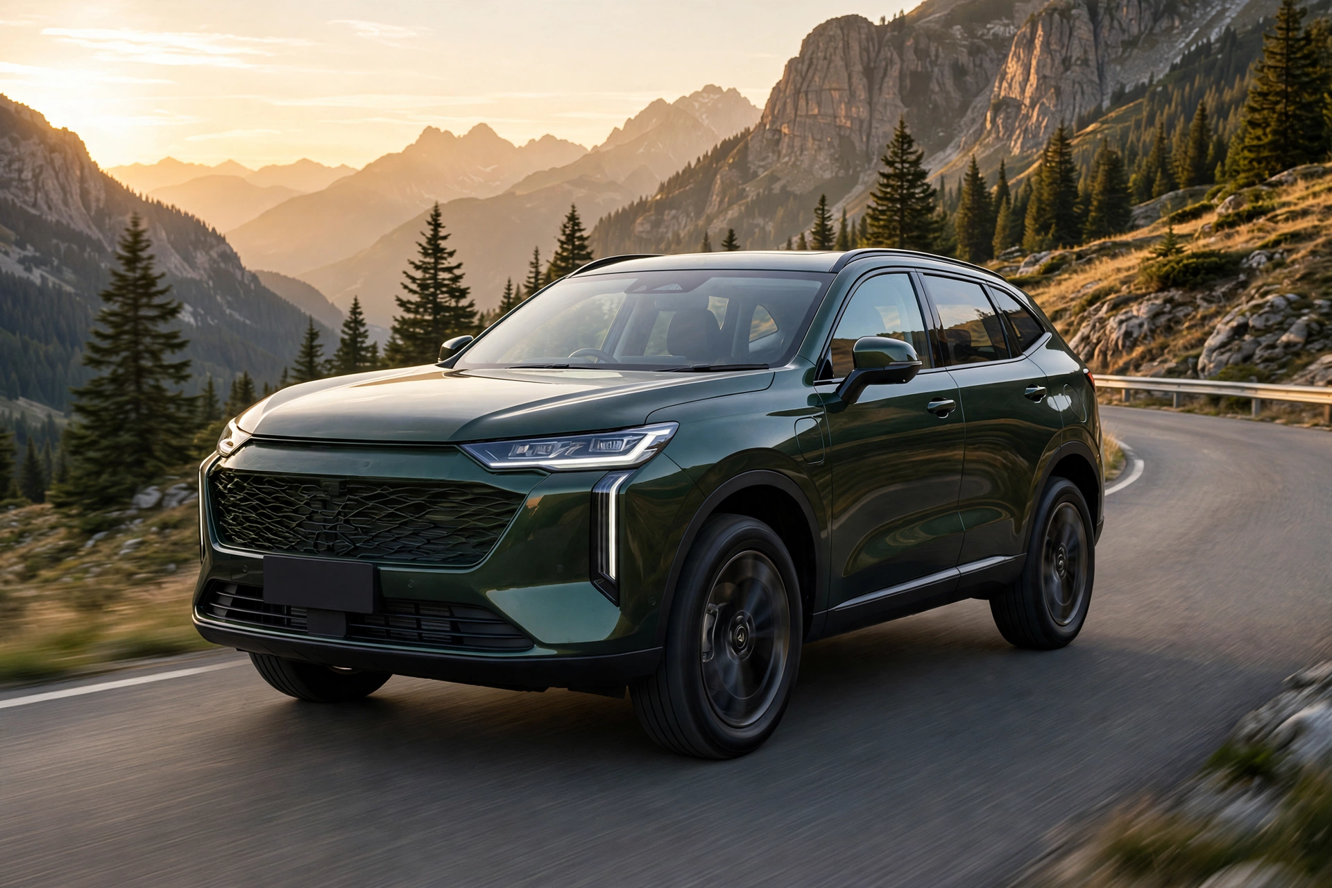 Haval H6 PHEV, tres cuartos delantero en carretera de montaña