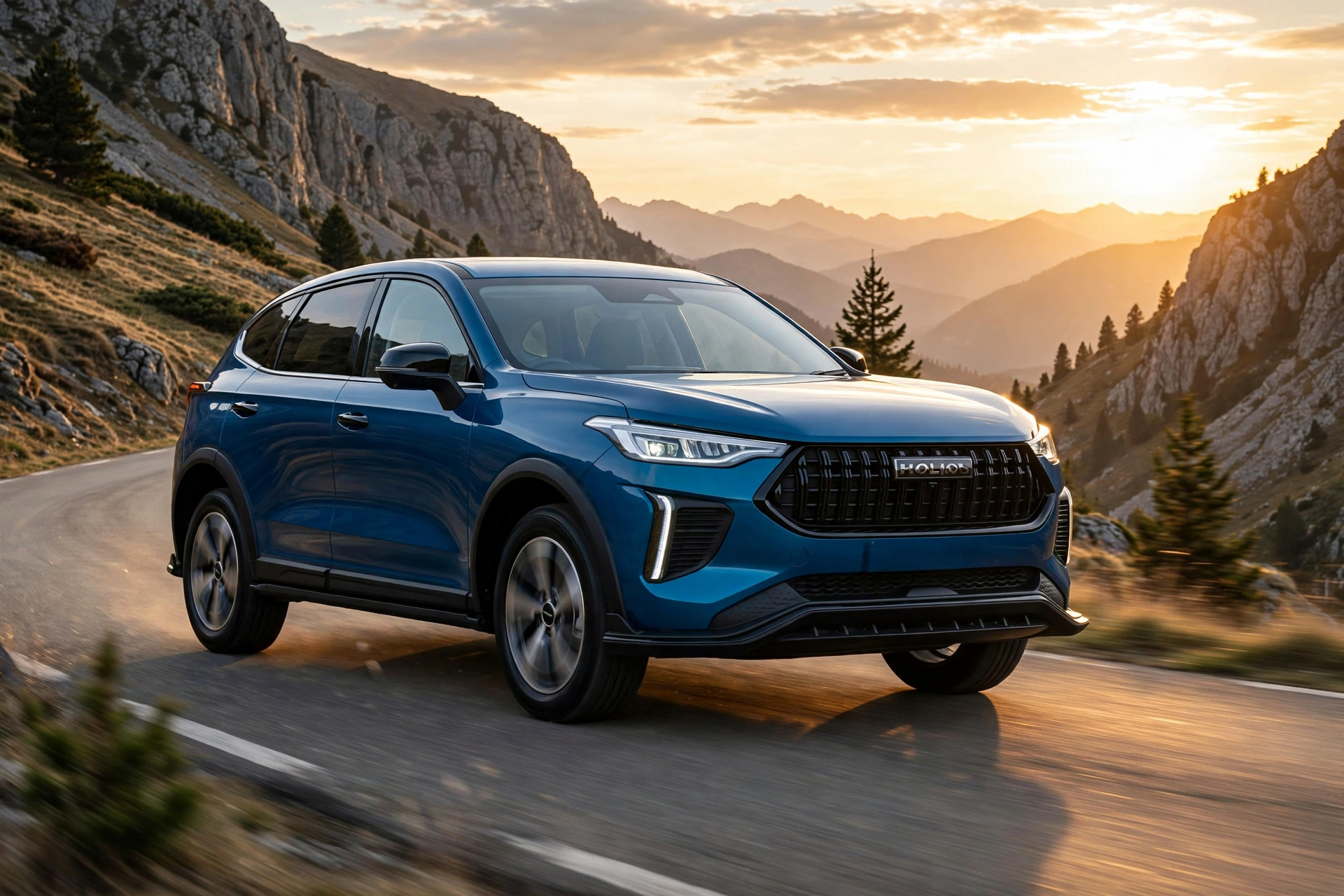 Haval Jolion Pro, tres cuartos delantero en carretera de montaña