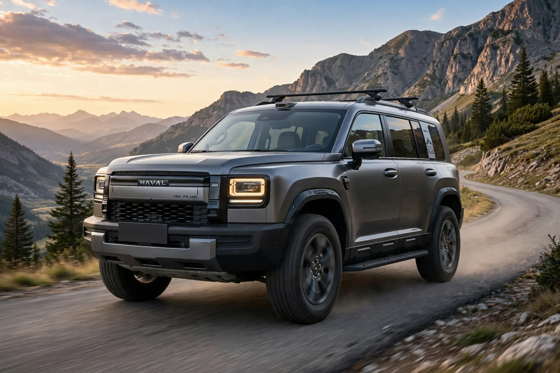 Haval Raptor Plus, tres cuartos delantero en carretera rural