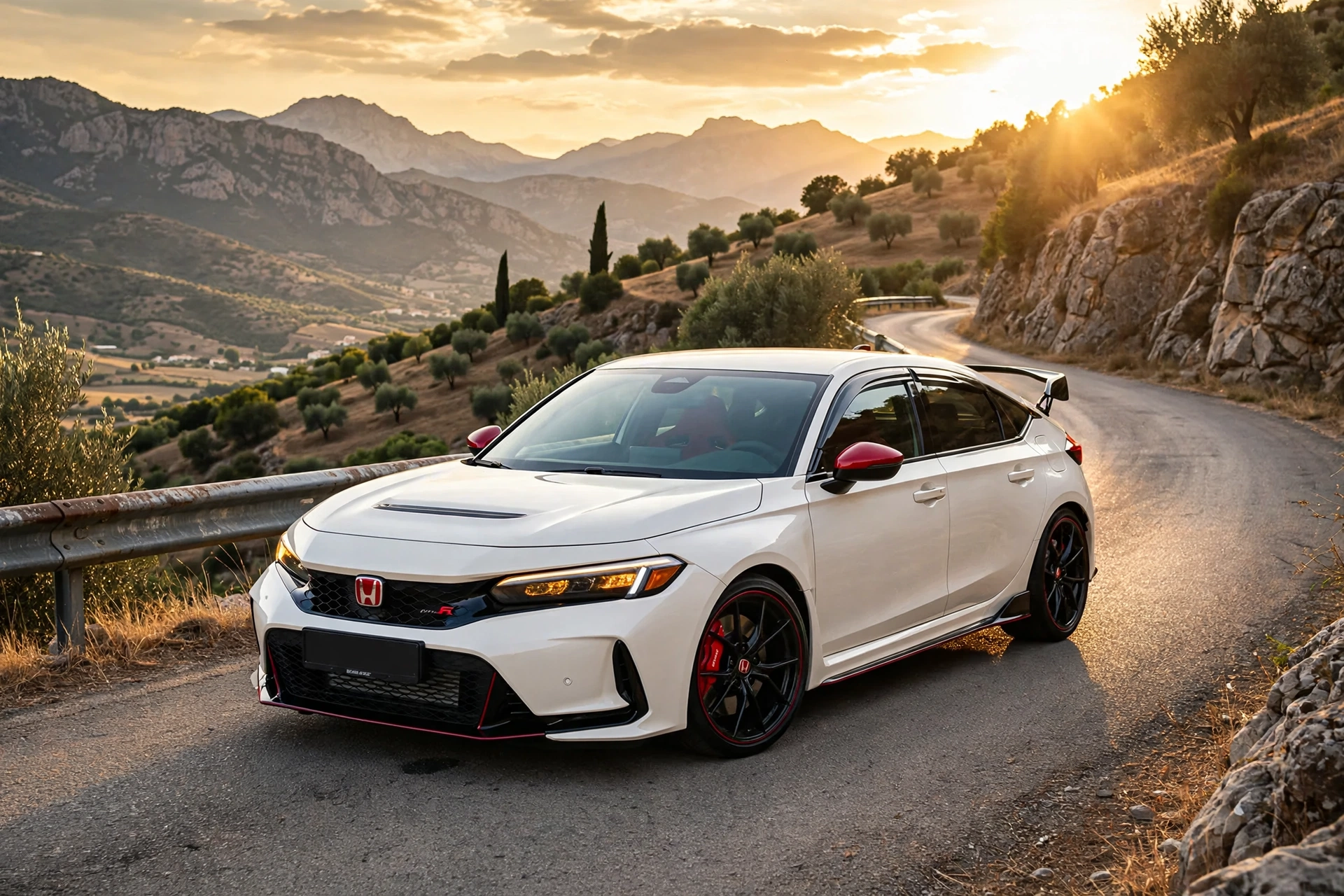Honda Civic Type R FL5 blanco Championship aparcado en una carretera de montaña al atardecer