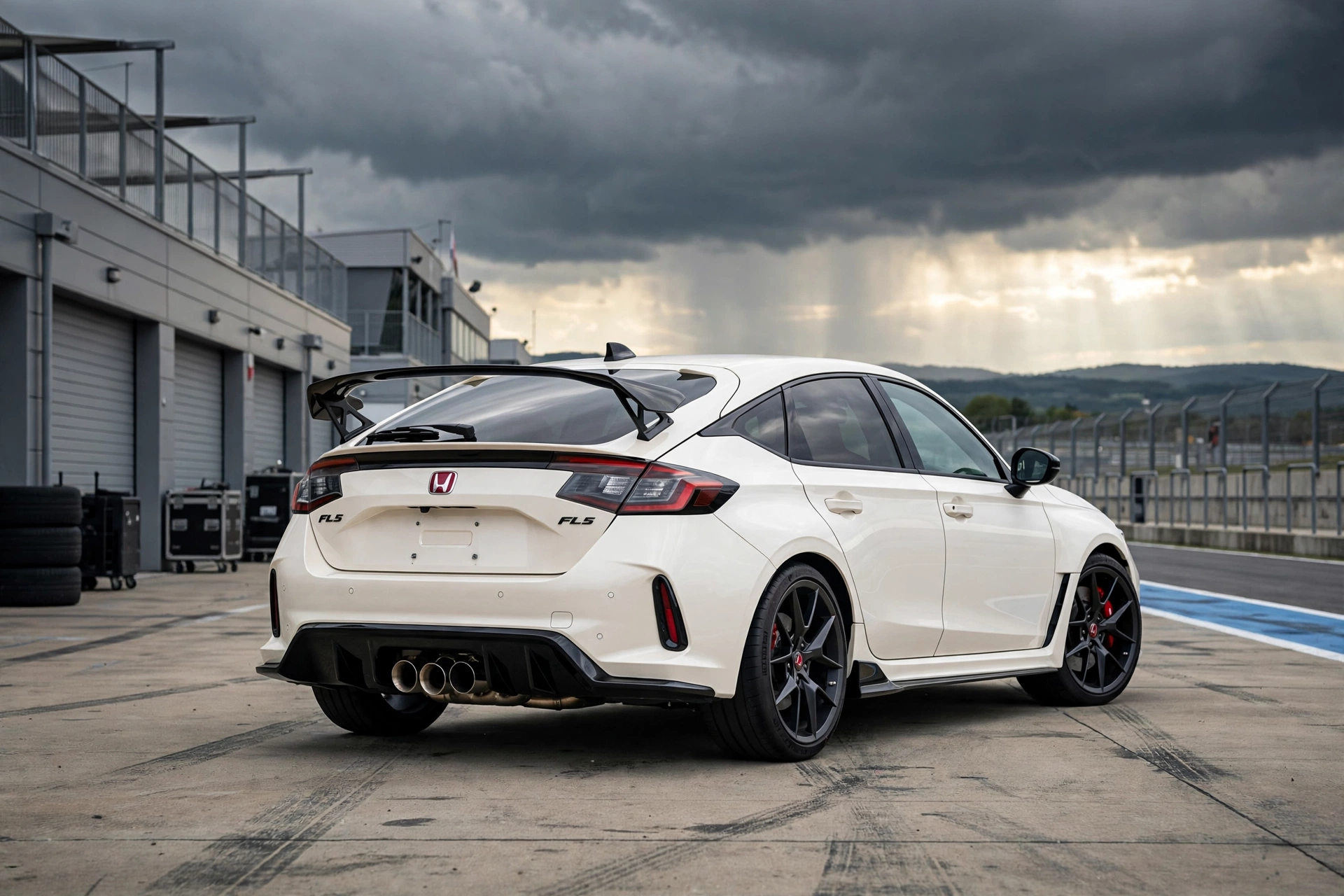 Honda Civic Type R, vista trasera con alerón y triple escape