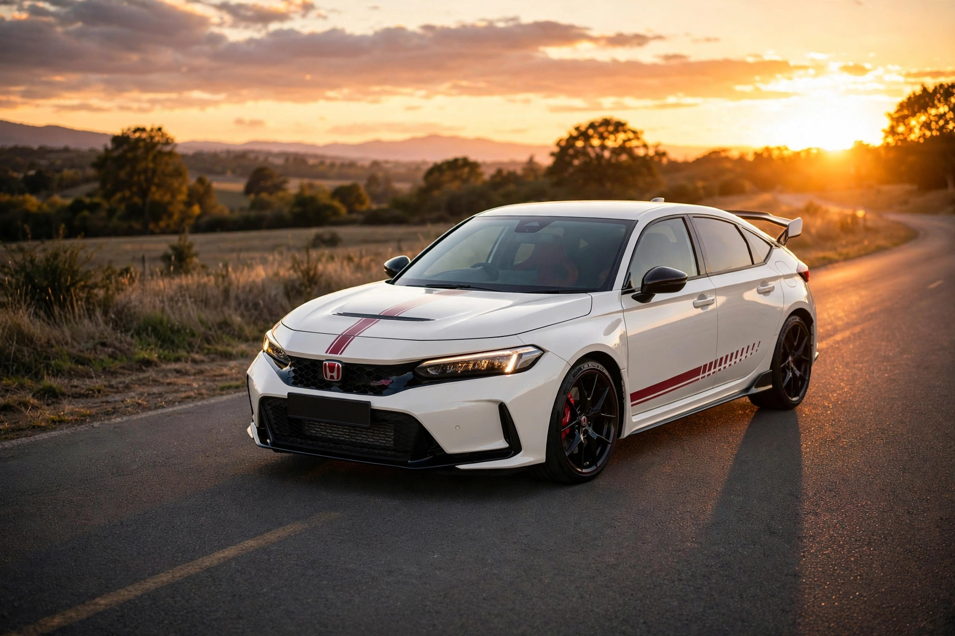 Honda Civic Type R Ultimate Edition blanco con franjas rojas al atardecer
