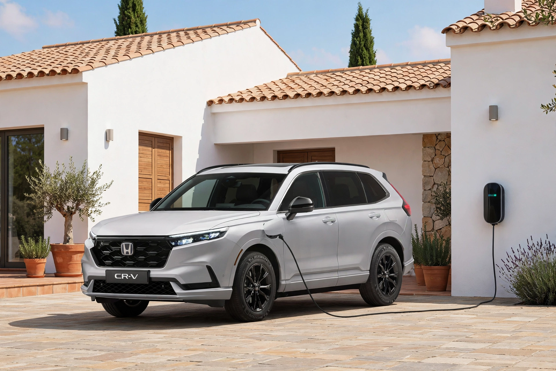 Honda CR-V e:PHEV plateado cargando en una vivienda unifamiliar