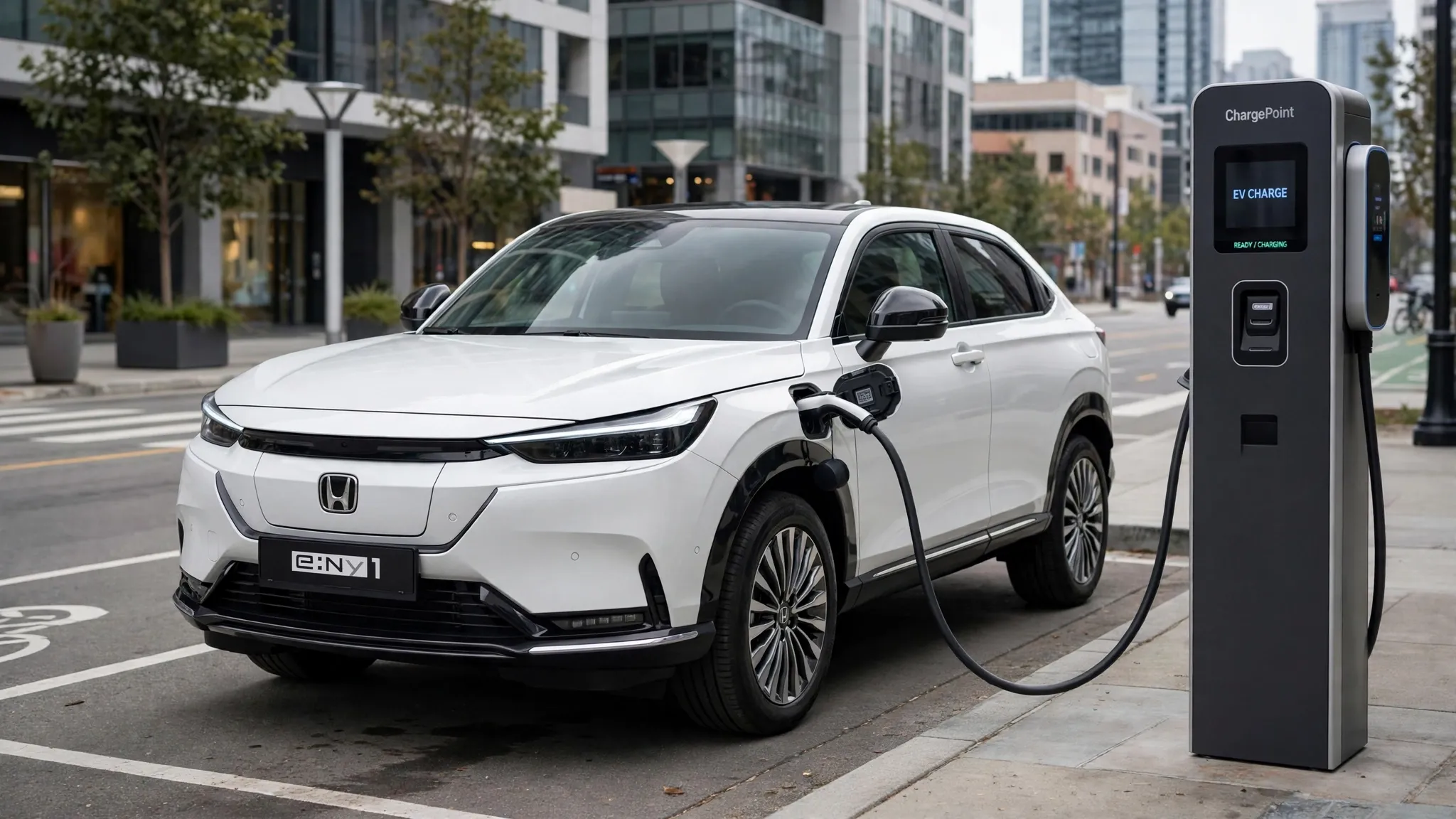 Honda e:Ny1 2026 blanco, tres cuartos delantero con punto de recarga