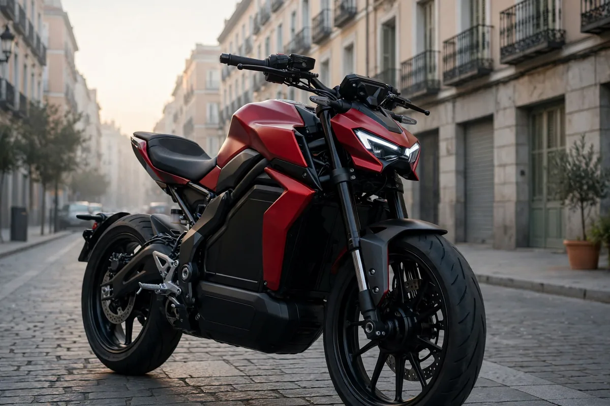 Moto naked eléctrica roja y negra de estilo moderno en una calle de Madrid al amanecer