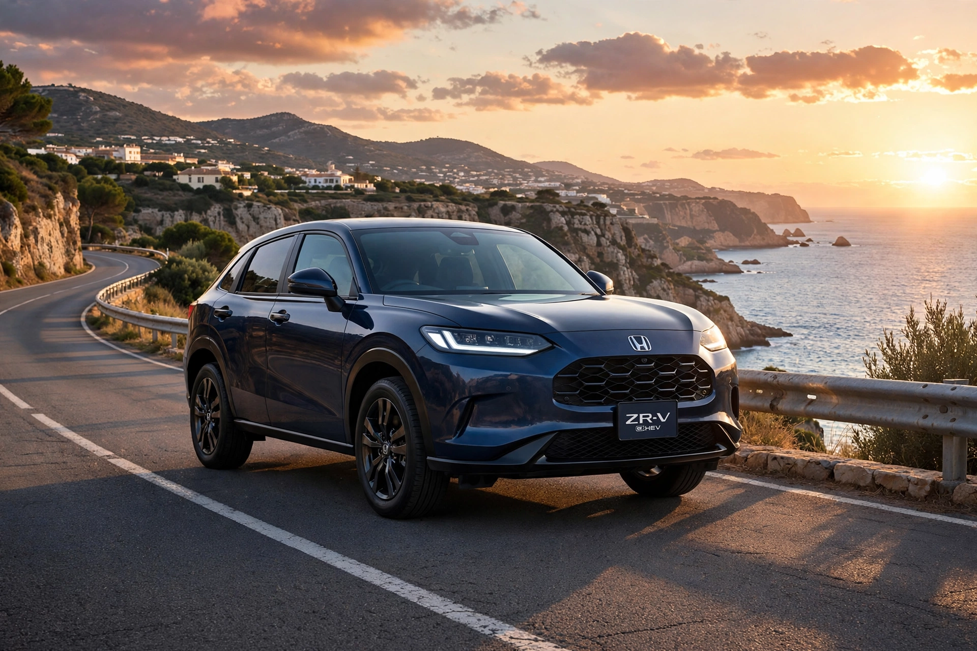 Honda ZR-V e:HEV azul en una autopista de la costa al atardecer